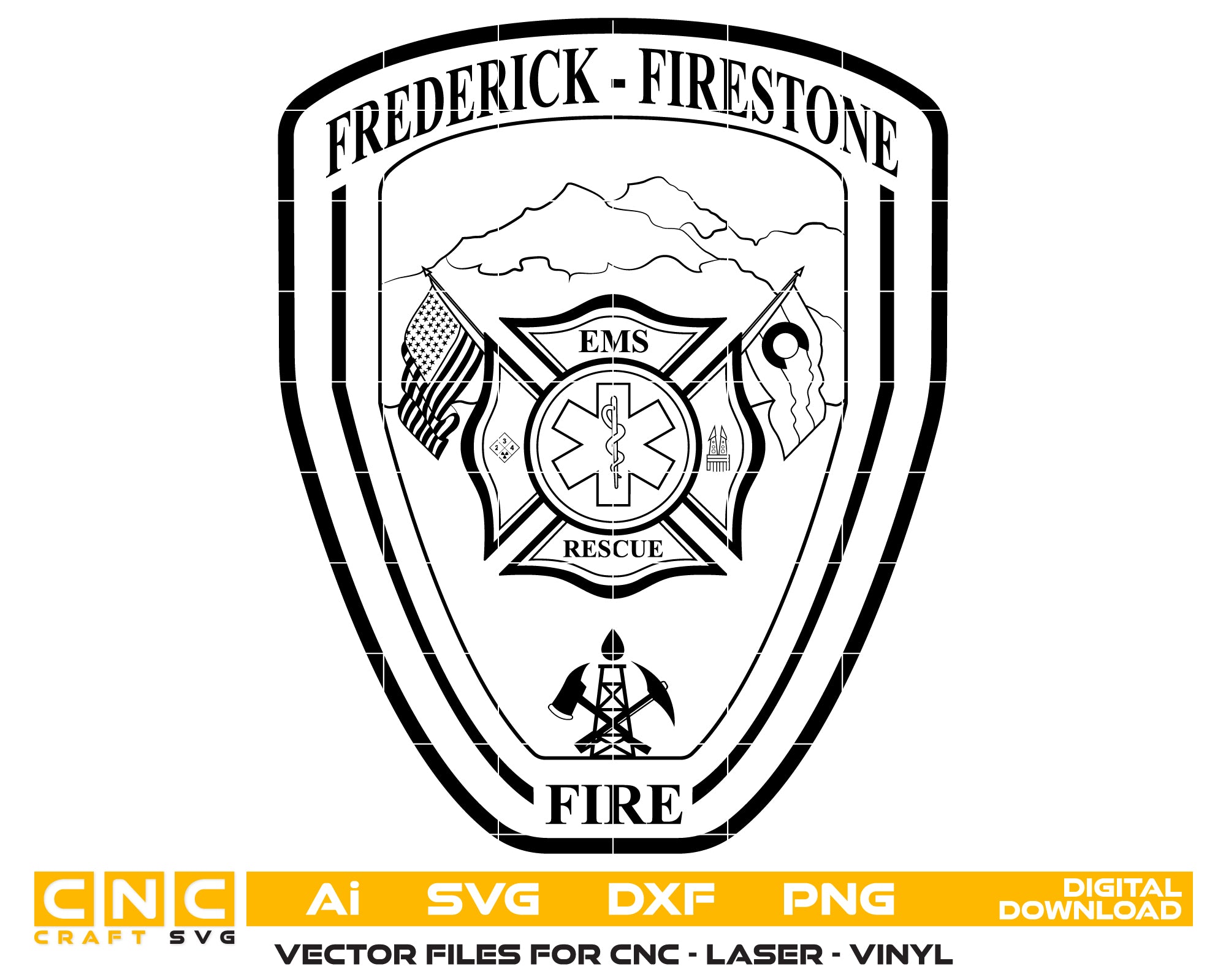 Frederick Firestone Fire Chief Badge SVG

Colorado Fire Department Vector Design

Vintage Fire Engine Badge Engraving File

Frederick Firestone CO Sign CNC File

Eagle Fire Chief Badge Vector for Laser Cutting