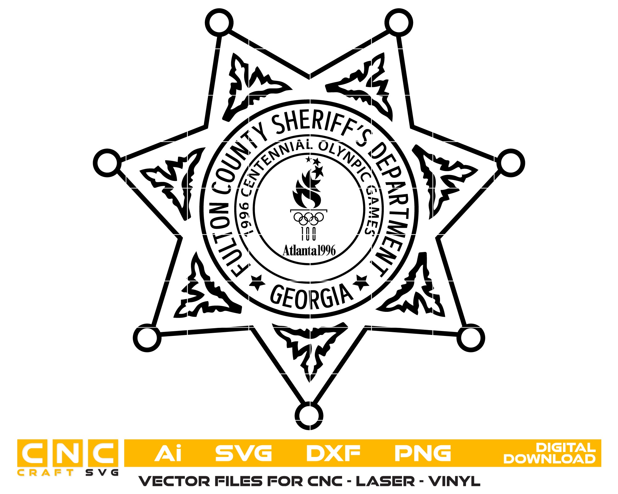 Fulton County Sheriff Olympic Badge SVG

Georgia Law Enforcement Vector

1996 Centennial Olympic Games Emblem

Officer Plaque Engraving File

Sheriff Badge Sign CNC File