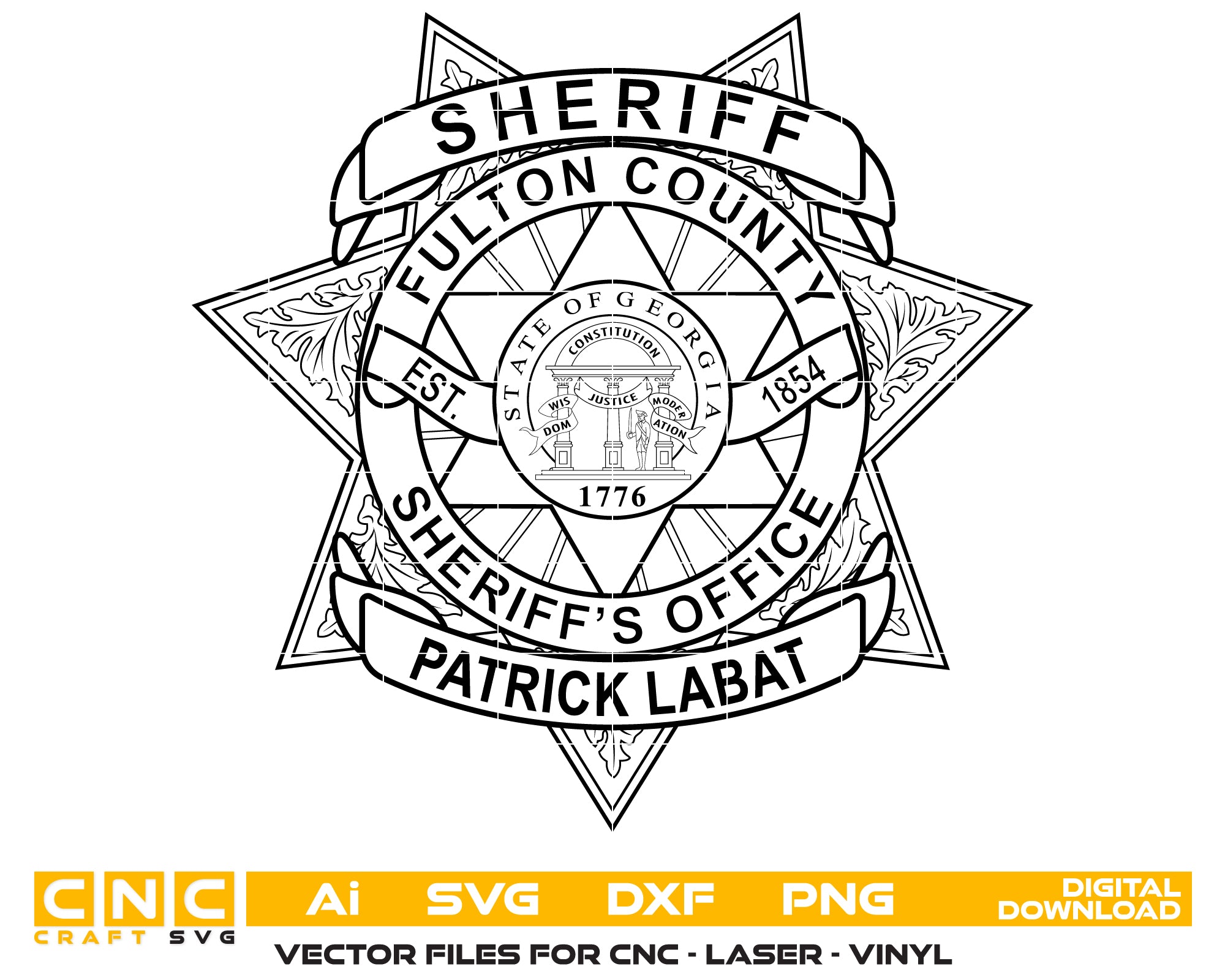 Fulton County Sheriff Badge SVG

Georgia Law Enforcement Vector

Sheriff Office Shield Emblem

Deputy Plaque Engraving File

Fulton County Sign CNC File