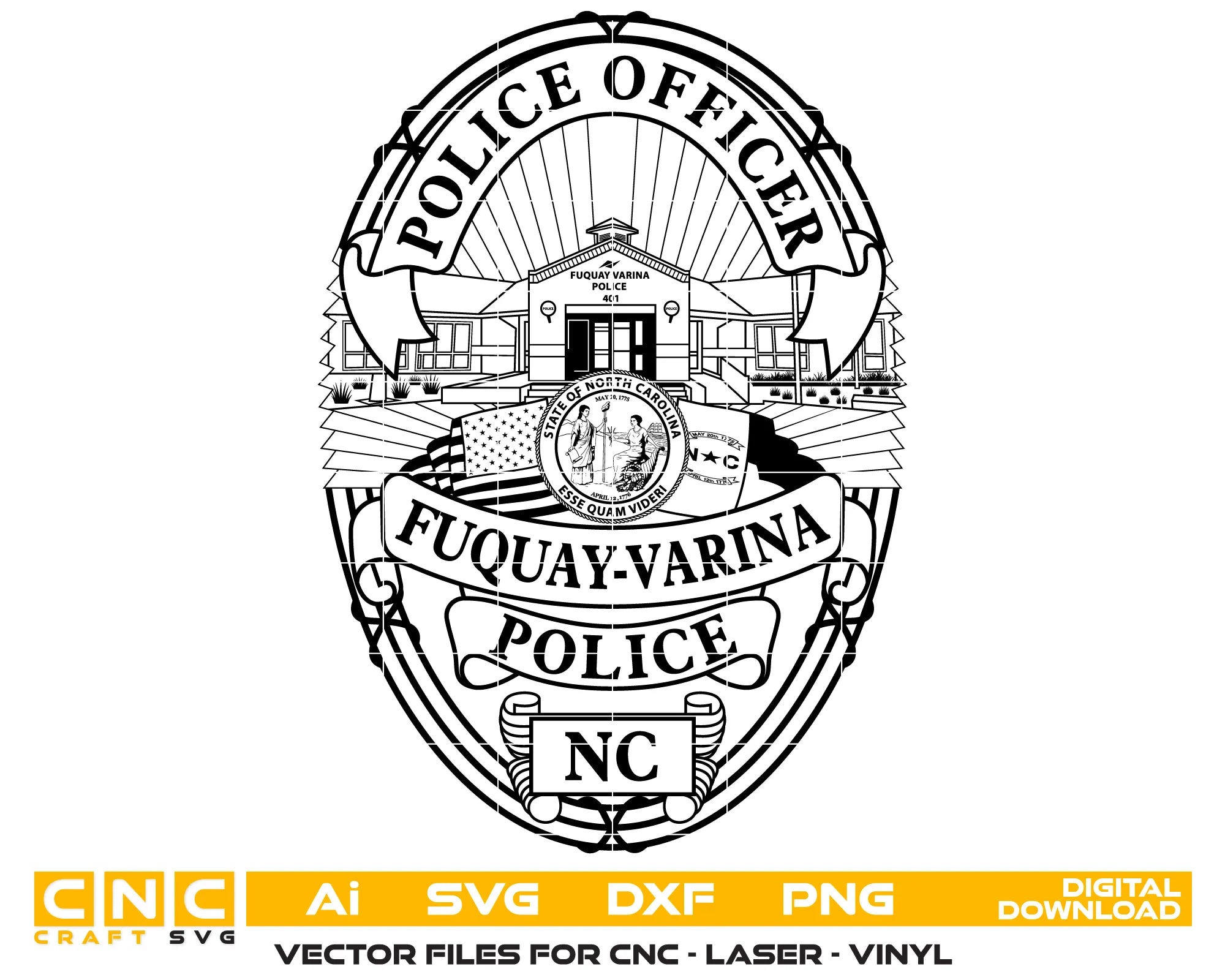 Fuquay-Varina Police Department Badge SVG

North Carolina Law Enforcement Vector Design

Police Badge Seal Engraving File

Fuquay-Varina NC Police Sign CNC File

Law Enforcement Badge Vector for Lasers