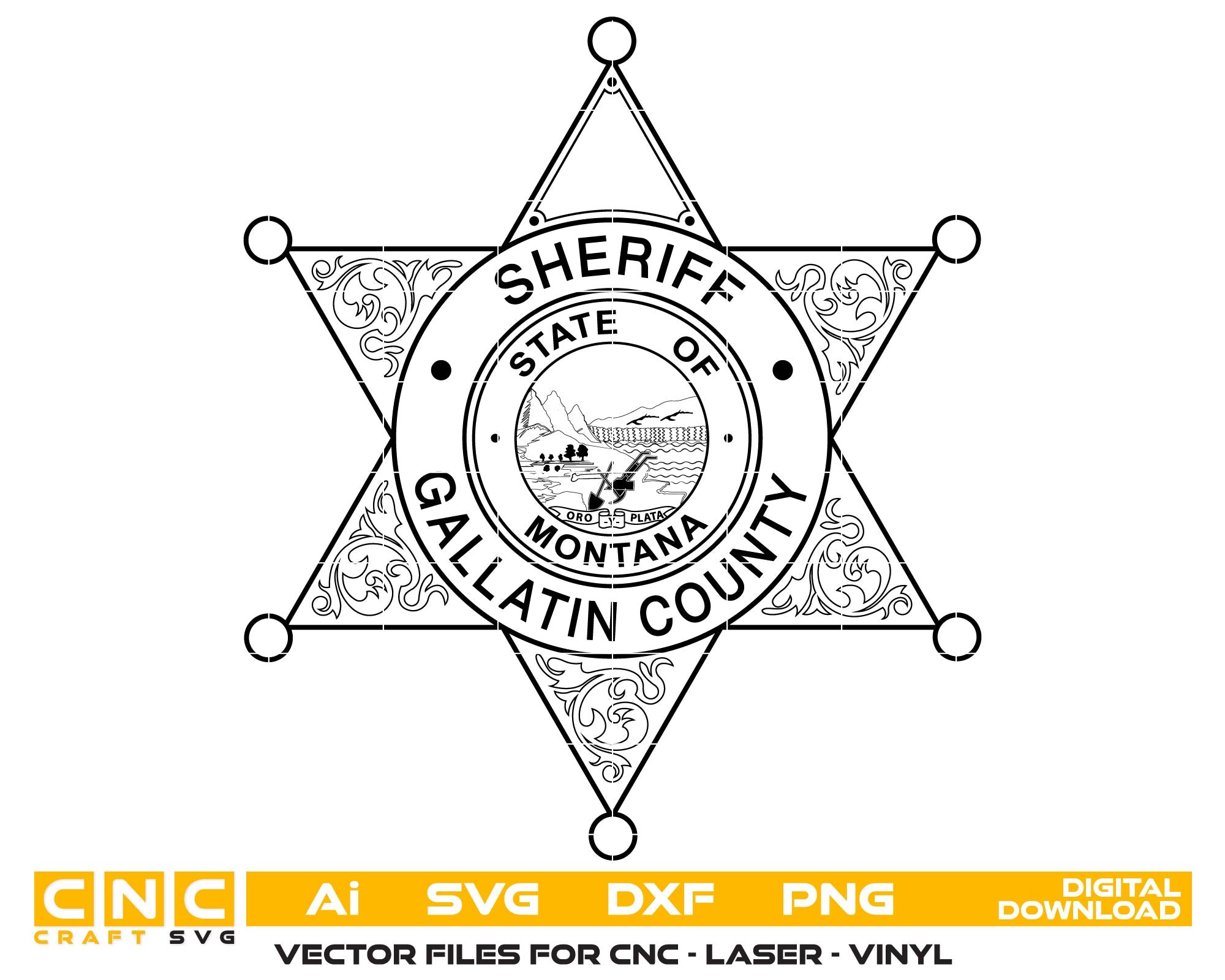 Gallatin County Sheriff Badge SVG for CNC

Montana Sheriff Star Vector Design for Laser

Gallatin County MT SO Emblem for CNC Wood Carving