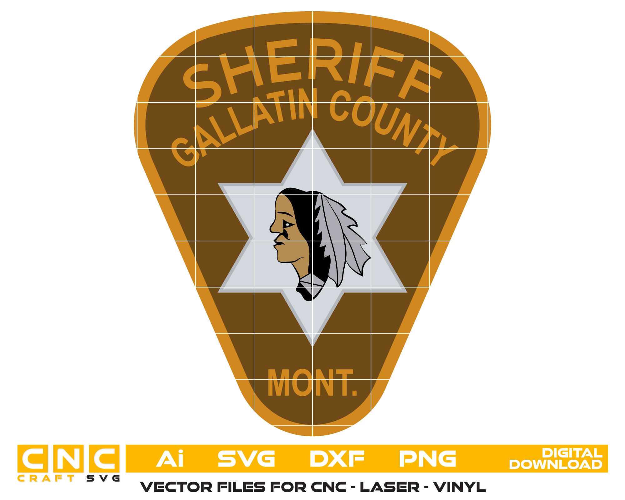 Gallatin County Sheriff Patch Color SVG

Montana Sheriff Brown and Gold Vector

Native American Chief Police Emblem Color

Law Enforcement Patch for Sublimation

Gallatin County MT Logo Printable
