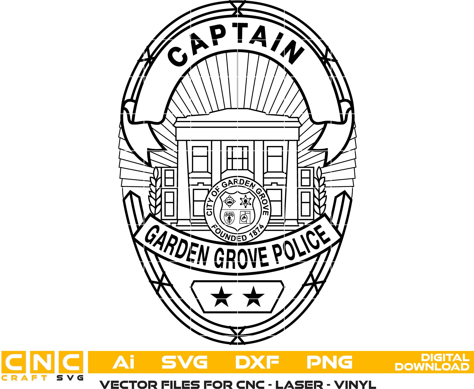 Garden Grove Police Captain Badge SVG

California Law Enforcement Shield Vector

Garden Grove City Seal Engraving File

Police Captain Badge Sign CNC File

Two Star Police Shield Vector for Lasers