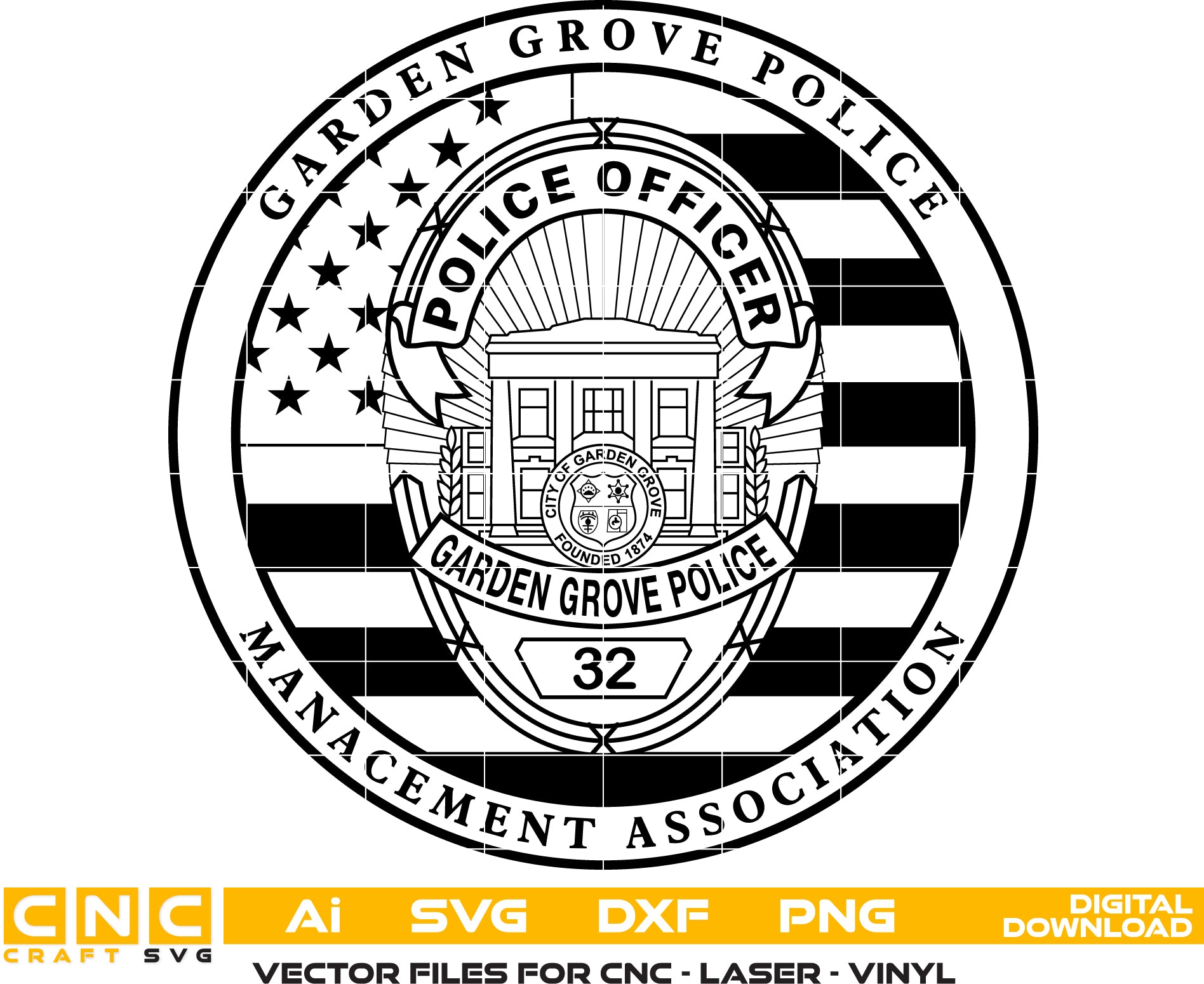 Garden Grove Police Management Badge SVG

California Law Enforcement Emblem Vector

American Flag Police Shield Engraving File

Garden Grove Cop Badge Sign CNC File

Police Officer Shield Vector for Lasers