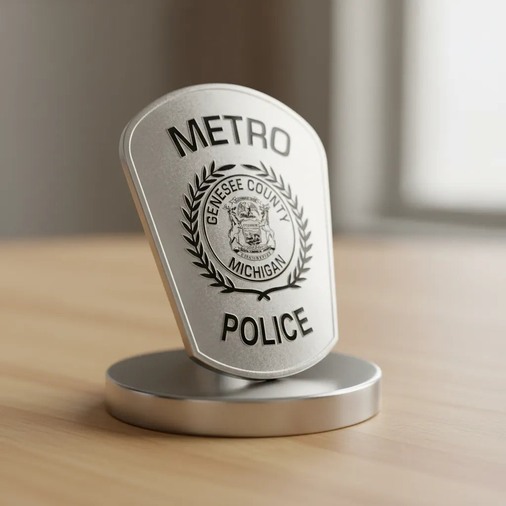 Genesee County Metro Police Patch SVG

Michigan Law Enforcement Vector Design

Police Shield Patch Engraving File

Genesee County MI Police Sign CNC File

Michigan State Outline Vector for Lasers