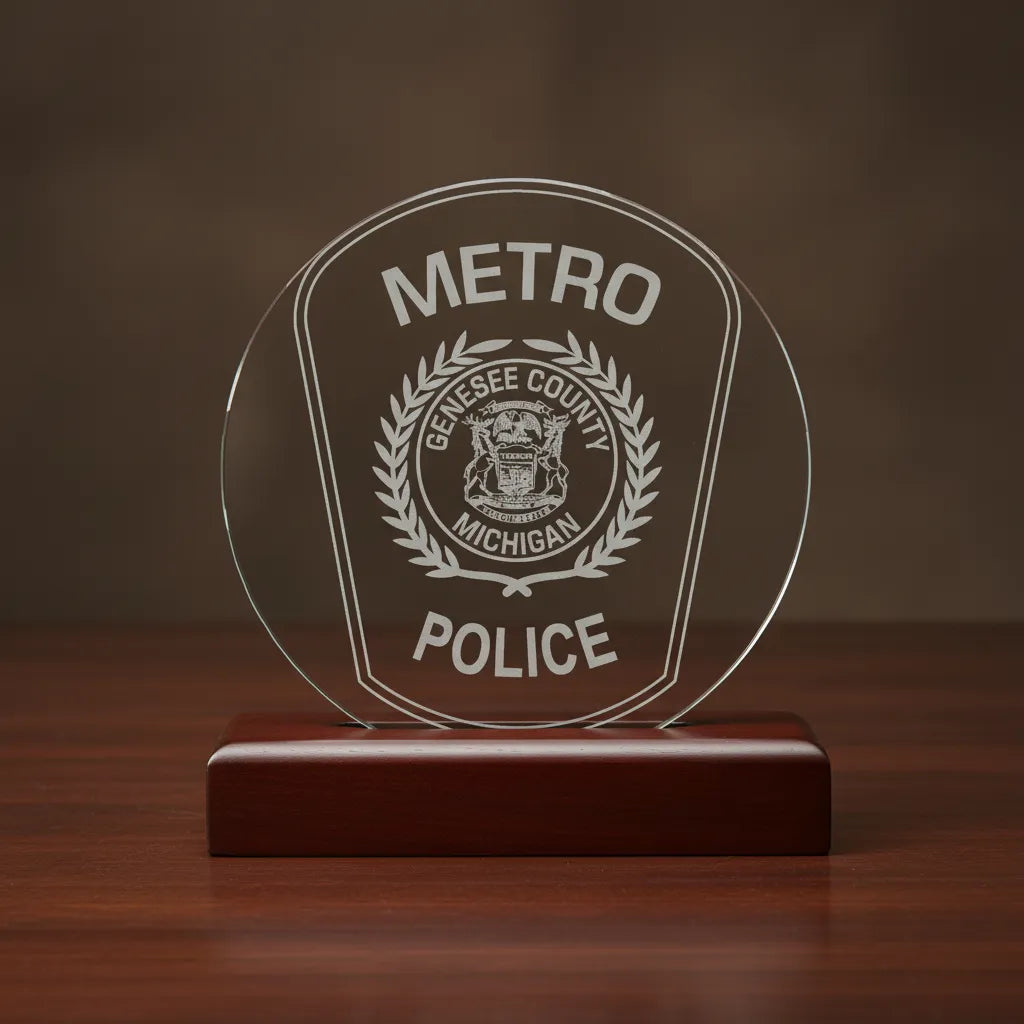 Genesee County Metro Police Patch SVG

Michigan Law Enforcement Vector Design

Police Shield Patch Engraving File

Genesee County MI Police Sign CNC File

Michigan State Outline Vector for Lasers
