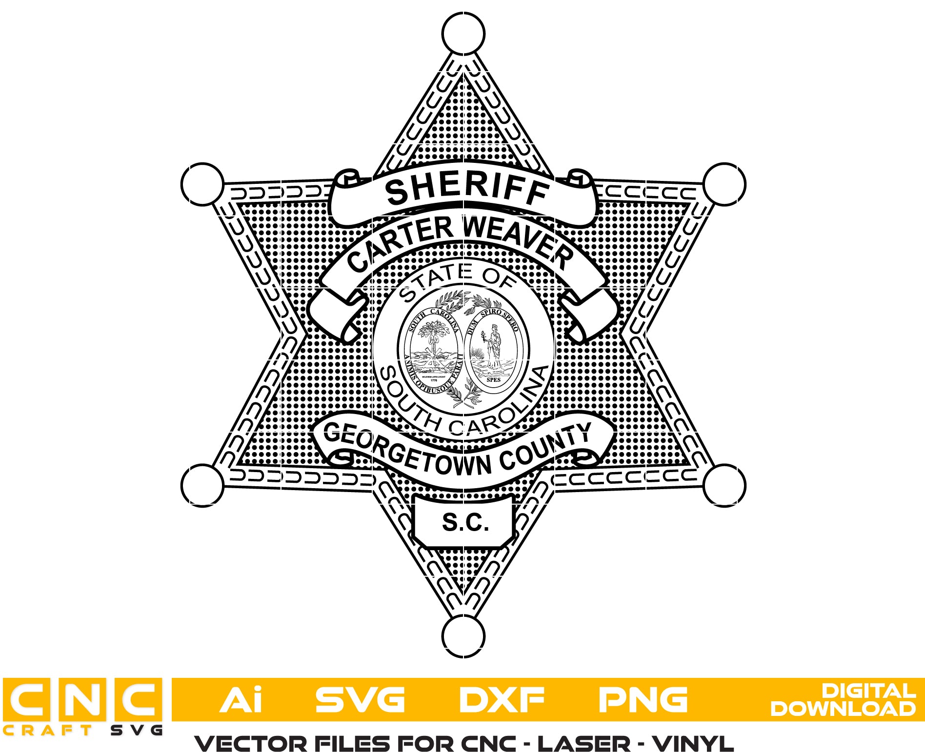 Georgetown County Sheriff Badge SVG

South Carolina Law Enforcement Star Vector

State of SC Seal Engraving File

6 Point Sheriff Star Sign CNC File

Sheriff Badge Vector for Lasers