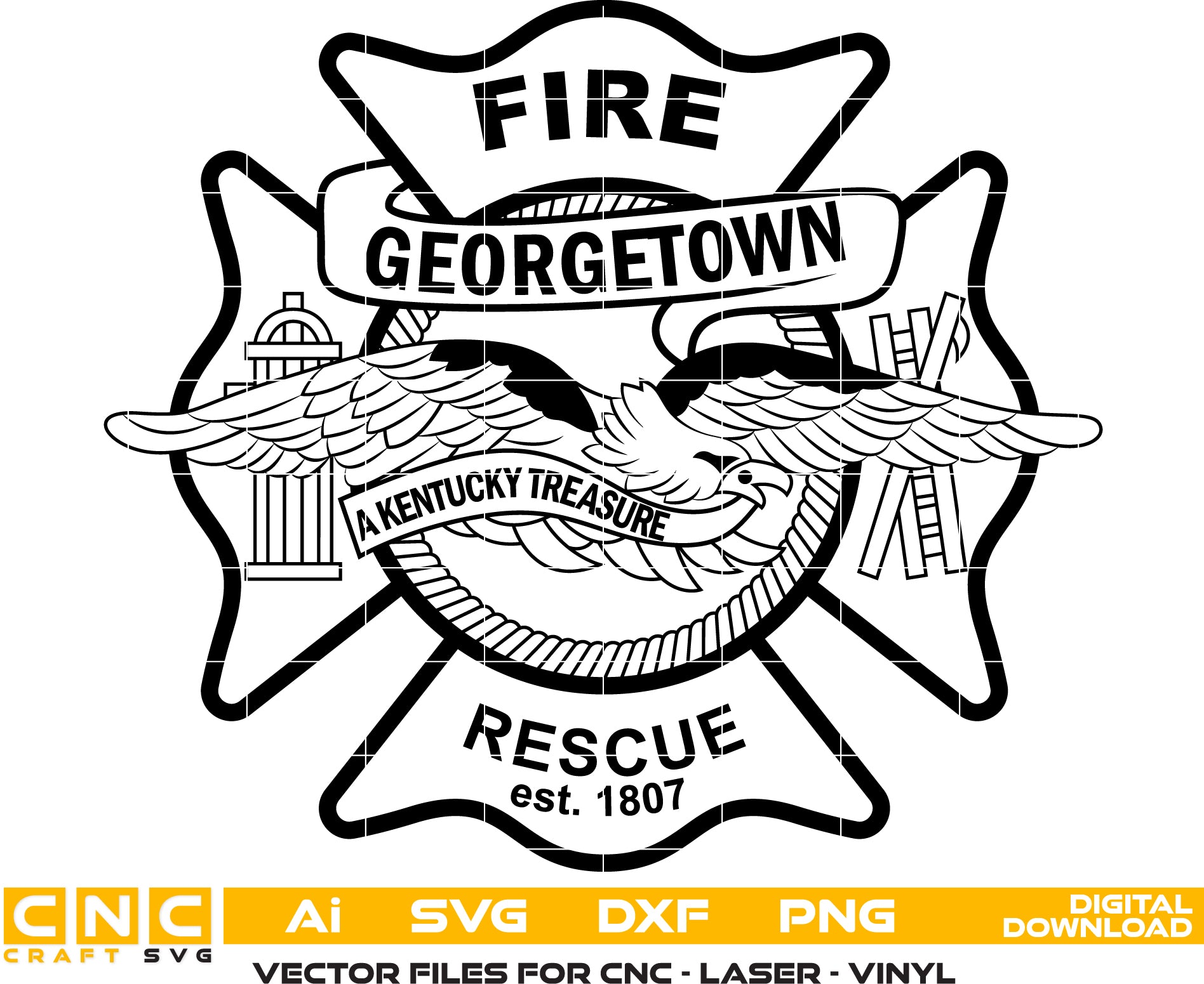 Georgetown KY Fire Department Badge SVG

Kentucky Fire Rescue Maltese Cross Vector

Flying Eagle Firefighter Emblem Engraving File

Fire Hydrant and Ladders Sign CNC File

Fire Rescue Shield Vector for Lasers