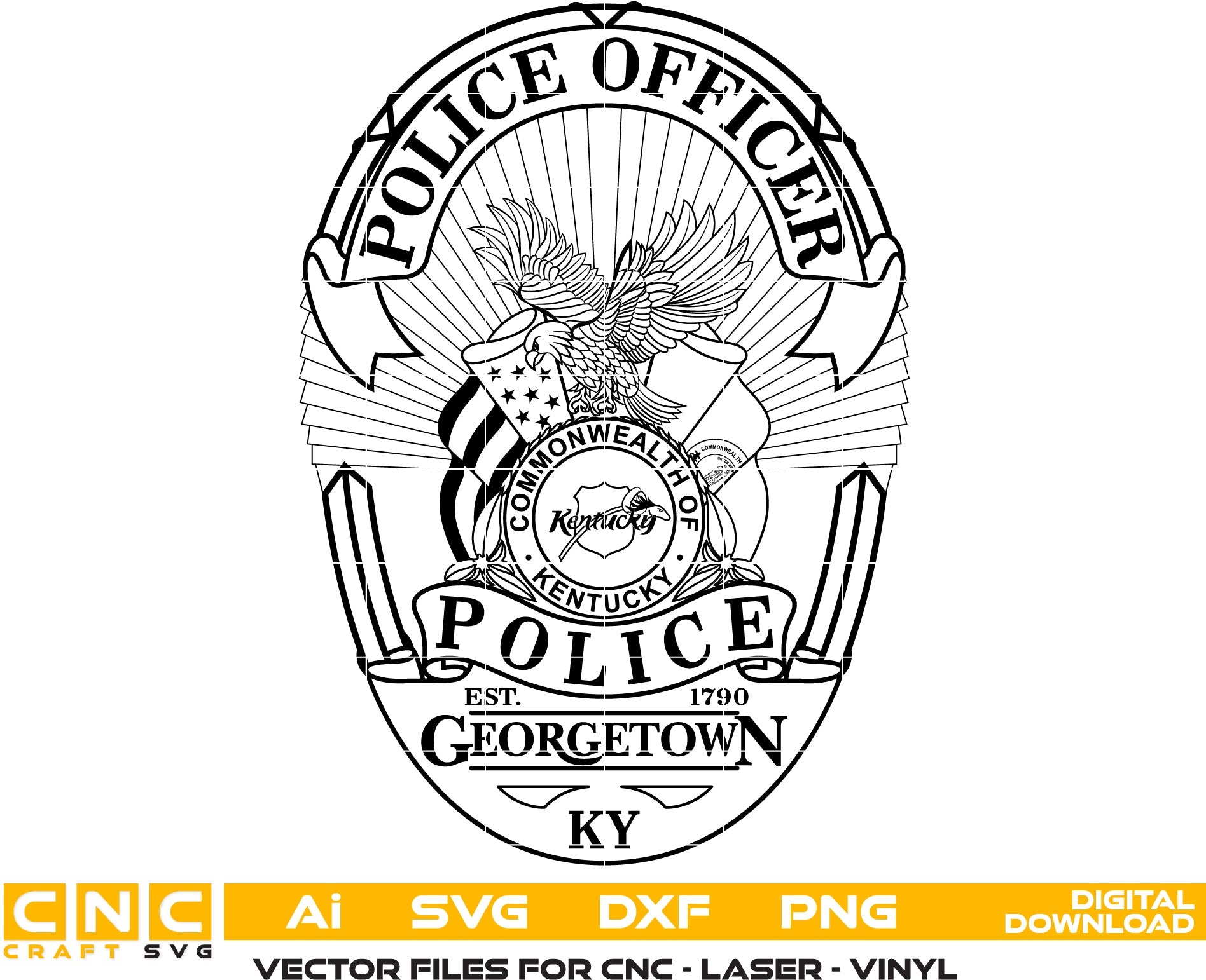 Georgetown Police Badge SVG

Kentucky Law Enforcement Vector Design

Police Officer Badge Engraving File

Georgetown KY Sign CNC File

Eagle Badge Vector for Laser Cutting