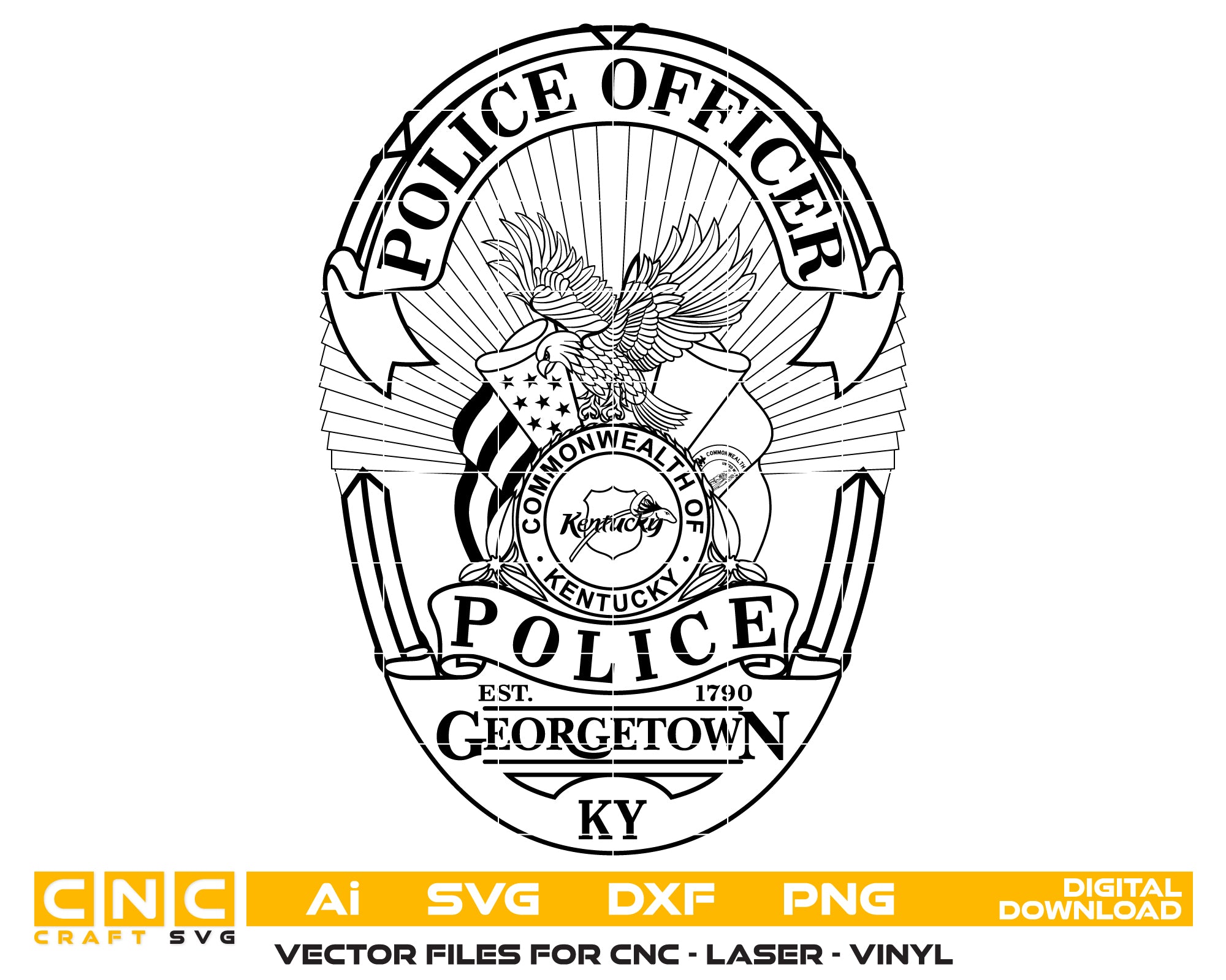Georgetown Police Officer Badge SVG

Kentucky Law Enforcement Vector Design

Eagle and Flags Police Badge Engraving File

Georgetown KY Police Sign CNC File

Commonwealth of Kentucky Seal Vector for Laser Cutting