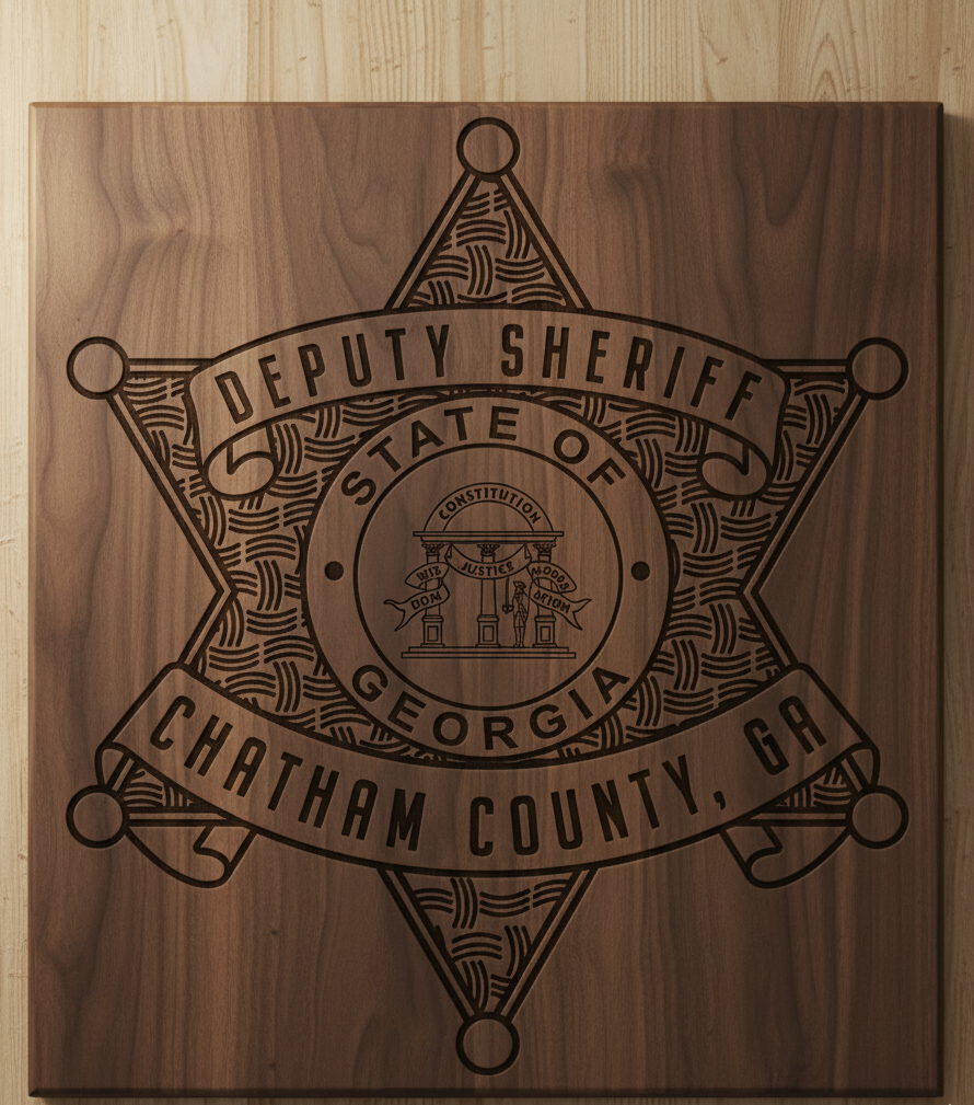Chatham County Georgia Deputy Sheriff SVG

Georgia State Star Badge Vector Design

Chatham County GA PD Emblem for CNC Engraving

Deputy Sheriff Badge SVG for Laser Cut

GA Law Enforcement Badge Vector