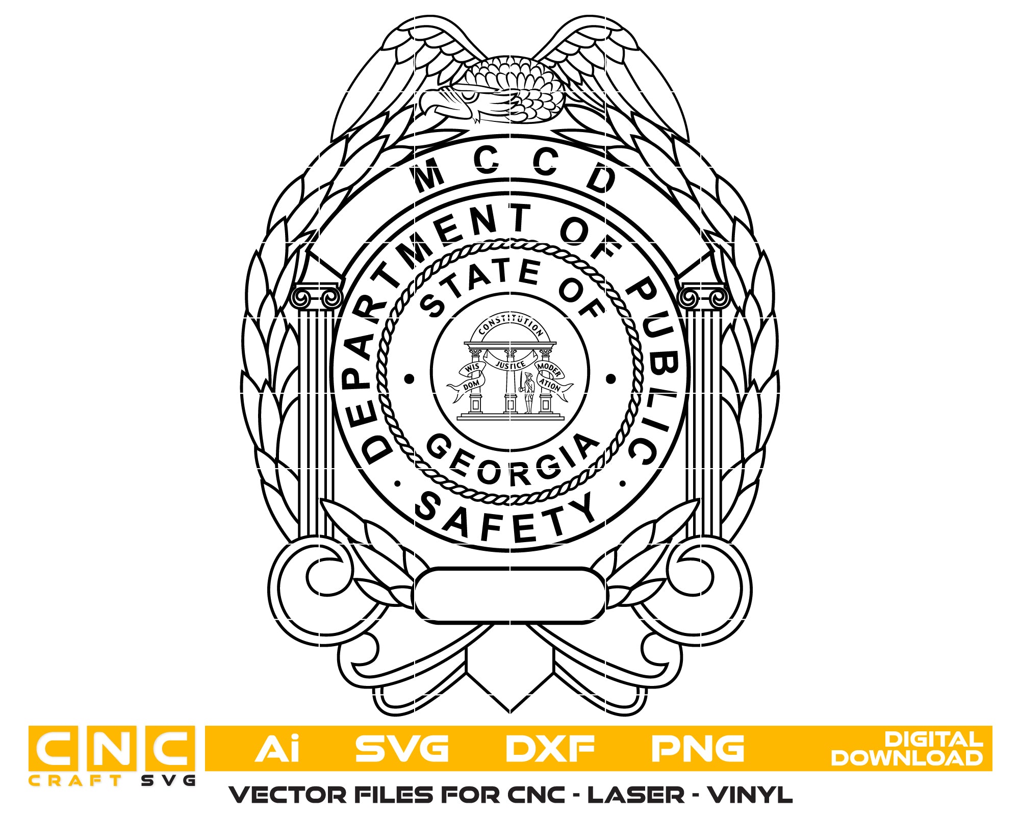 Georgia Public Safety Badge SVG

Georgia Law Enforcement Vector

MCCD Police Eagle Emblem

Officer Plaque Engraving File

Georgia Safety Sign CNC File