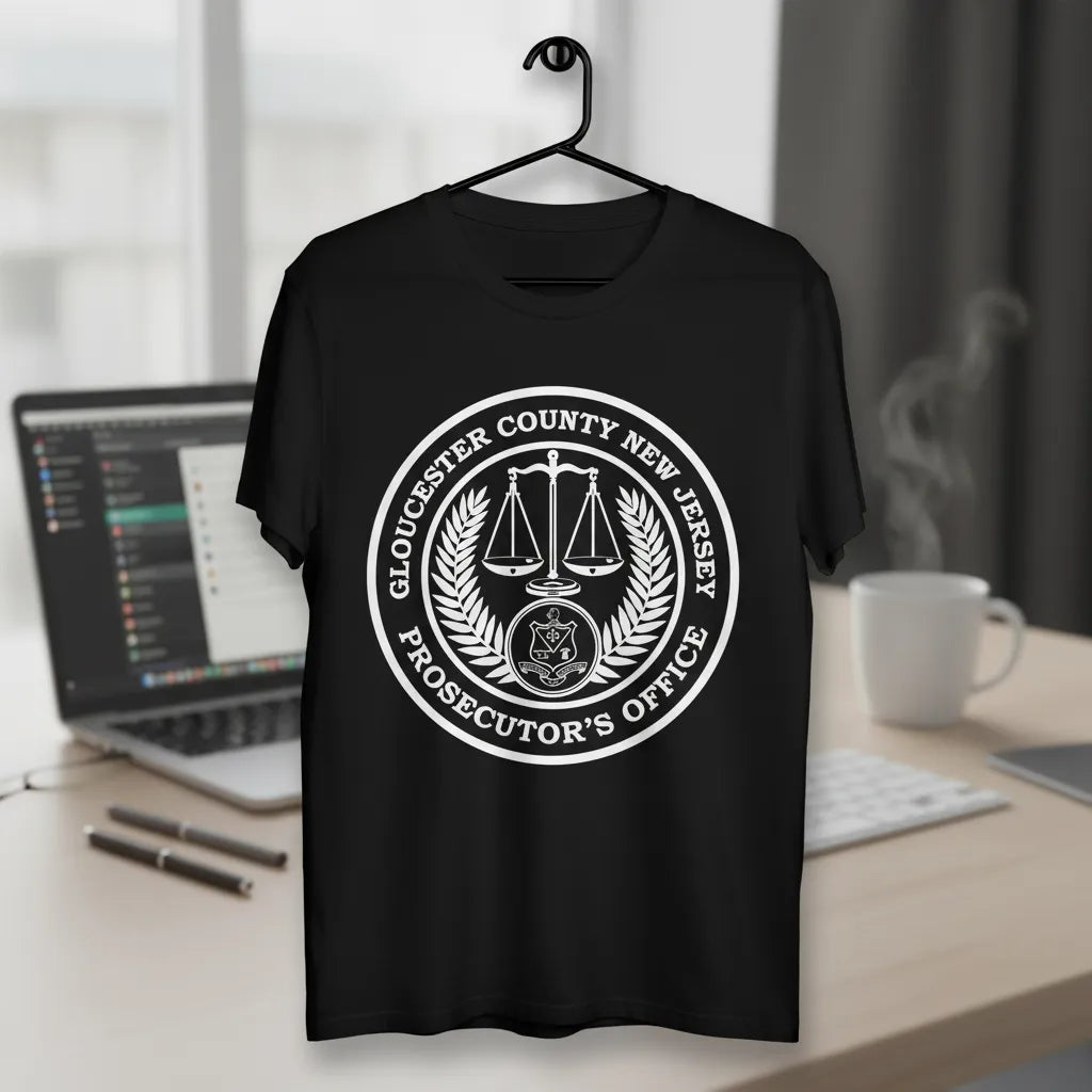Black t-shirt with Gloucester County New Jersey Prosecutor's Office logo on a hanger over a desk.
