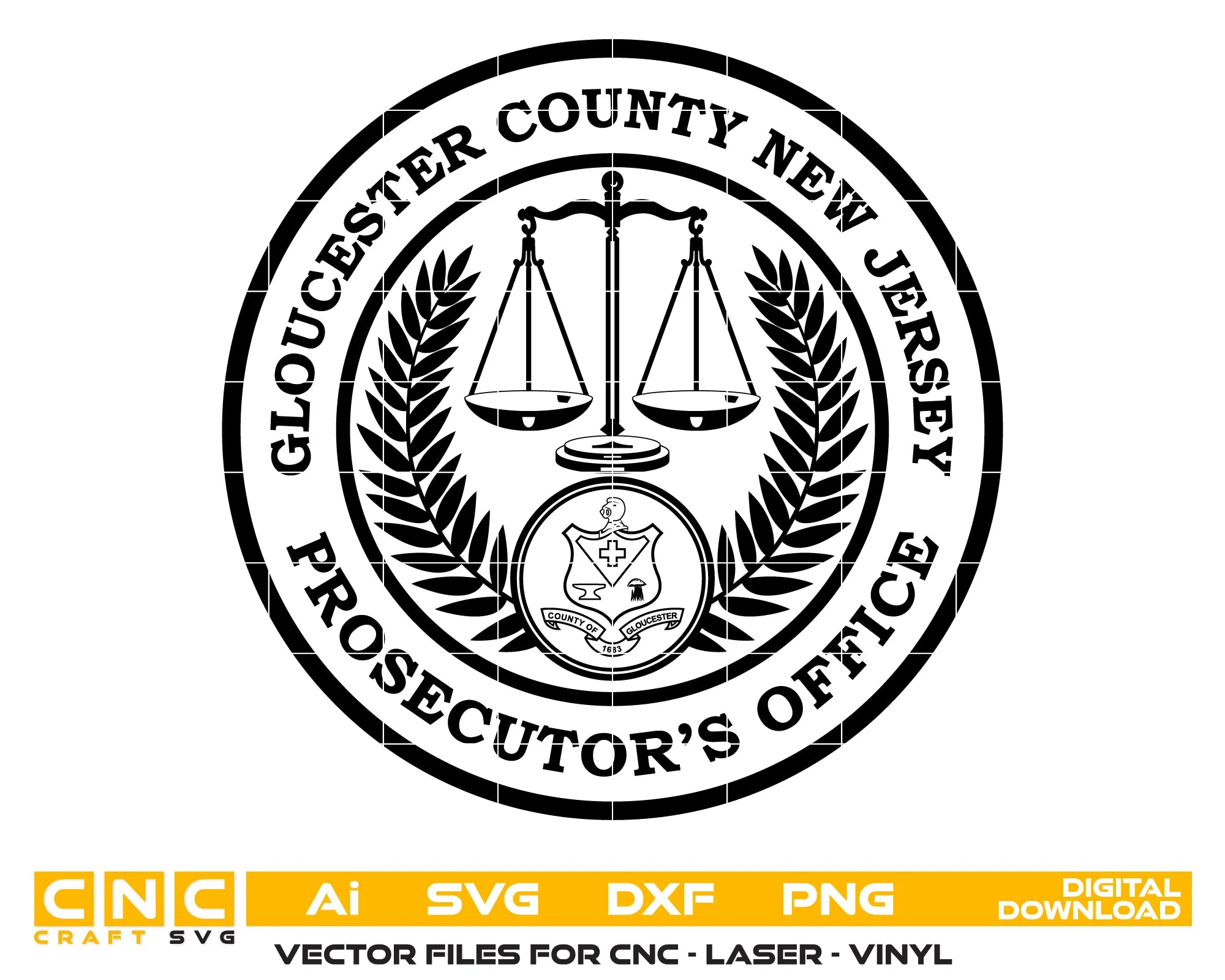 Seal of Gloucester County New Jersey Prosecutor's Office with CNC, AI, SVG, DXF, PNG file formats listed below.