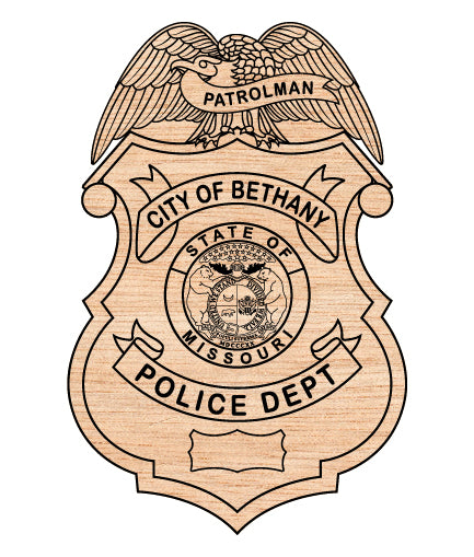 City of Bethany Police Badge SVG

Missouri Law Enforcement Vector Design

Great Seal of Missouri Police Emblem

Patrolman Shield Engraving File

Bethany MO Police Sign CNC File