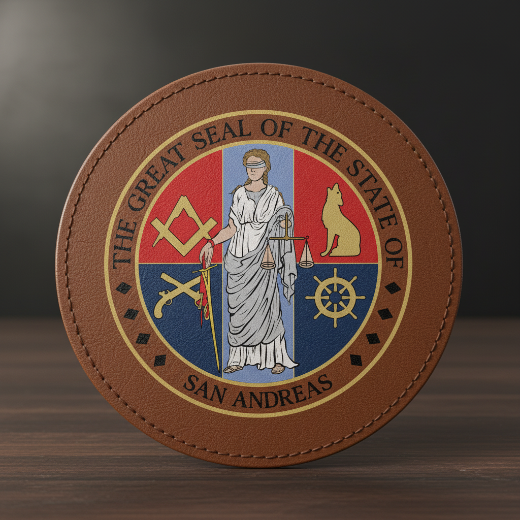 Great Seal of San Andreas SVG

Full Color Fictional State Emblem

San Andreas Lady Justice Vector

Gaming Community Decal Print File

State of San Andreas Color Logo