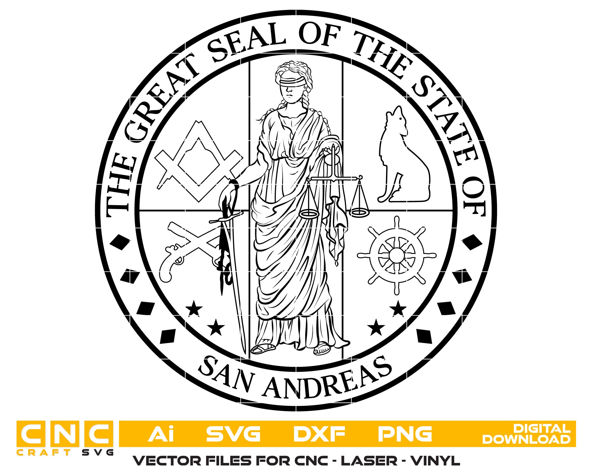 Great Seal of San Andreas SVG

San Andreas State Emblem Vector

Lady Justice Gamer Logo Design

Wolf and Masonic Square Shield

San Andreas Roleplay Badge CNC File