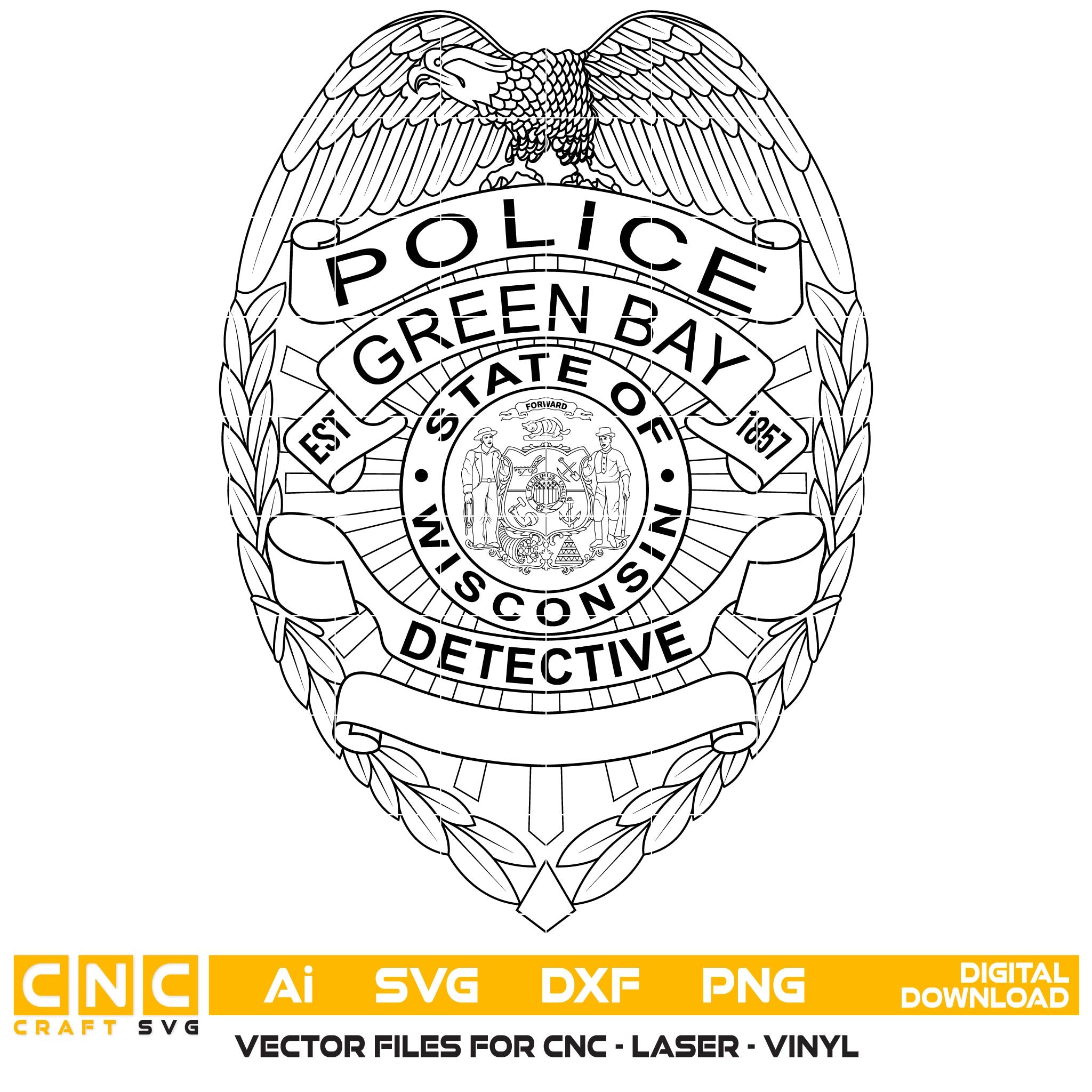 Green Bay Wisconsin Police Detective Badge SVG for CNC

GBPD Detective Badge Vector for Laser Engraving

Green Bay Wisconsin Law Enforcement Emblem for Wood Carving

Professional Green Bay Police Detective Shield Design

Green Bay Police SVG Logo for CNC Router Projects