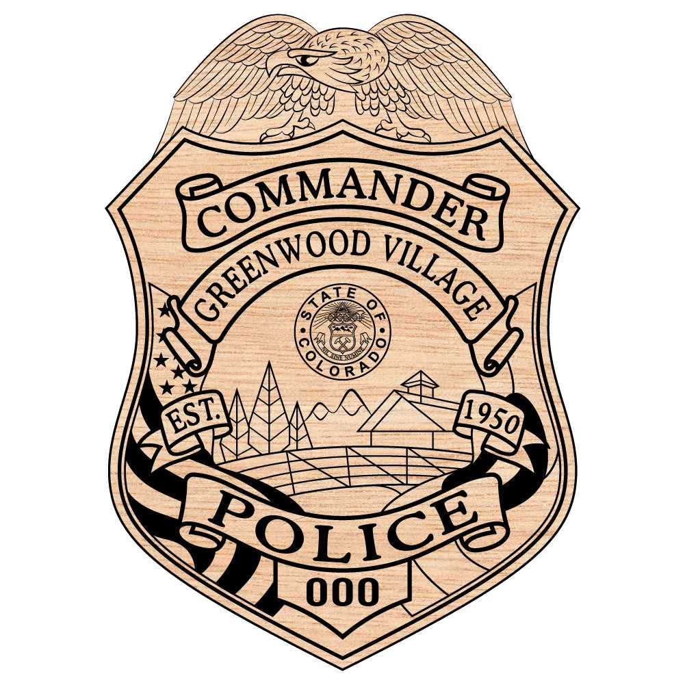 Greenwood Village Police Commander Badge SVG

Colorado Law Enforcement Vector

Police Eagle Shield Landscape Emblem

Commander Plaque Engraving File

Greenwood Village Police Sign CNC File