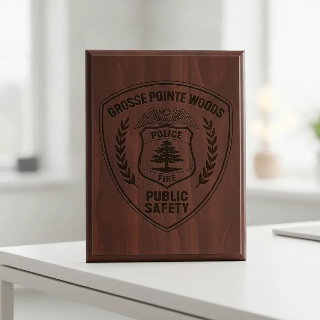 Grosse Pointe Woods Public Safety Badge SVG

Michigan Police and Fire Vector

Eagle Shield Tree Emblem

Officer Plaque Engraving File

Grosse Pointe Woods Sign CNC File