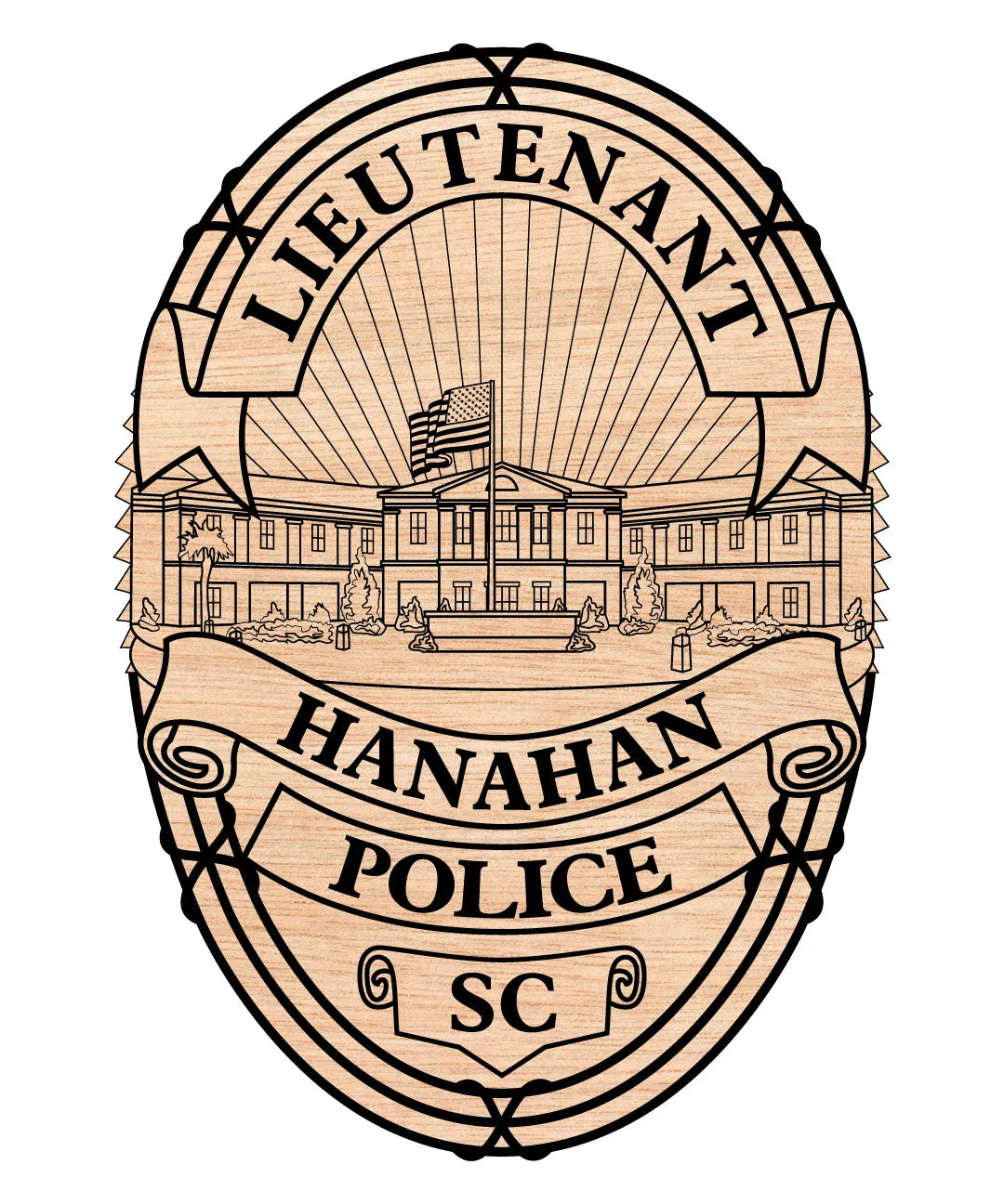Hanahan Police Badge SVG

South Carolina Law Enforcement Vector

Police Oval Badge City Hall Emblem

Lieutenant Plaque Engraving File

Hanahan Police Sign CNC File