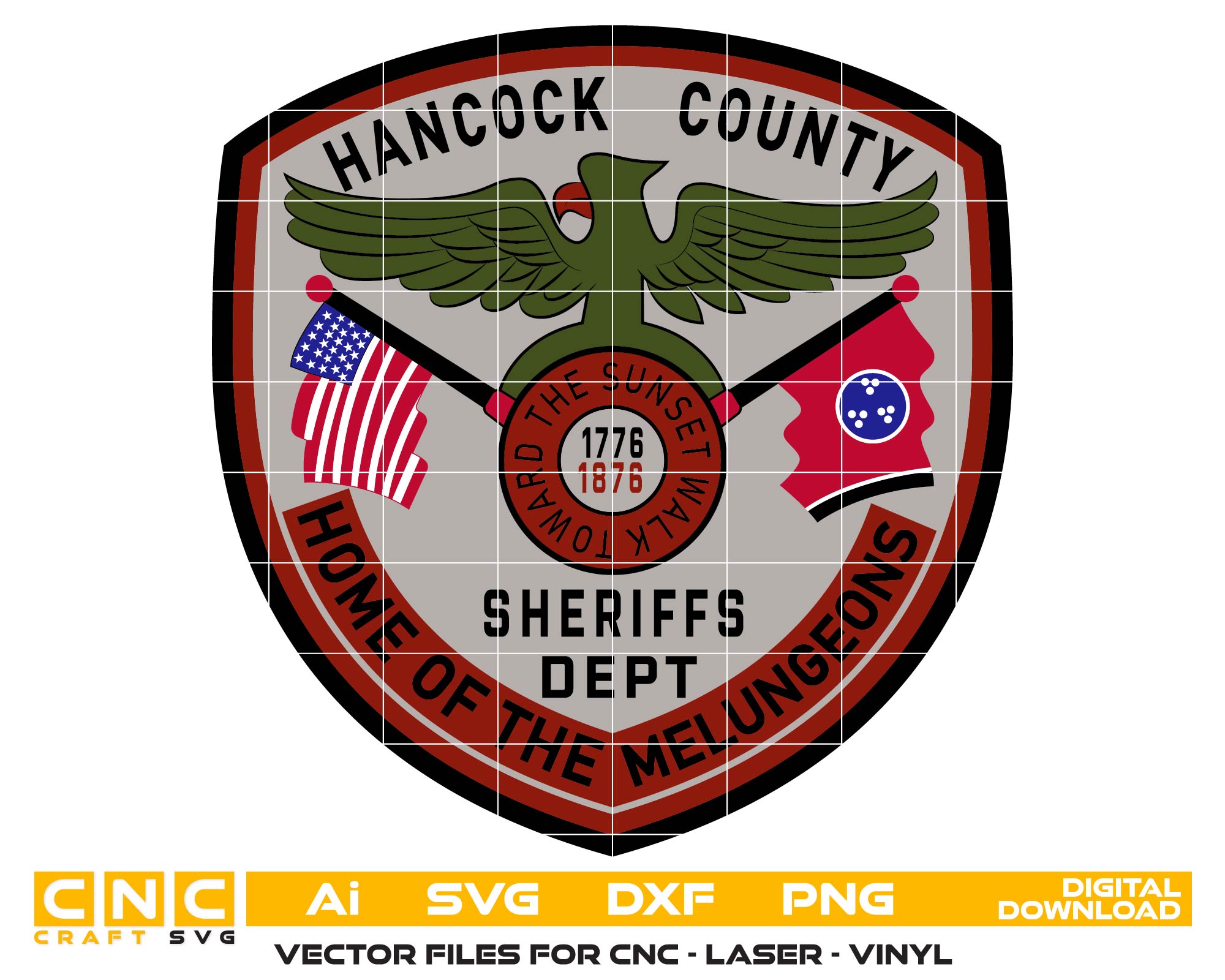 Hancock County Sheriff Dept Emblem SVG

Home of the Melungeons Vector Design

Tennessee Sheriff Badge for CNC Engraving

Hancock County SO Memorial Logo SVG

Toward the Sunset Walk Shield Vector