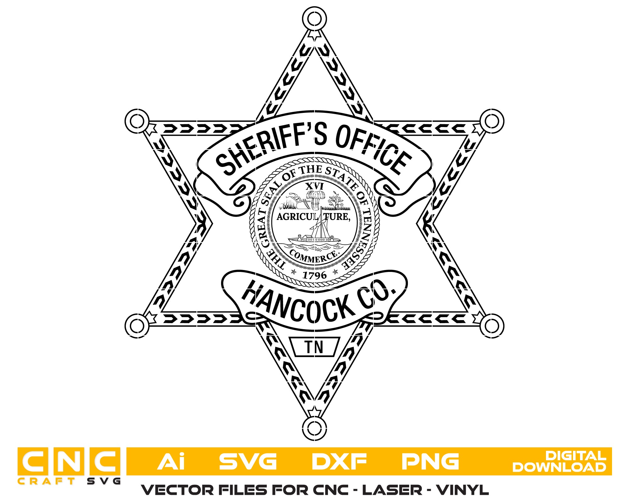 Hancock County Sheriff Badge SVG

Tennessee Law Enforcement Vector

Sheriff Office 5-Point Star Emblem

Deputy Plaque Engraving File

Hancock County Sign CNC File