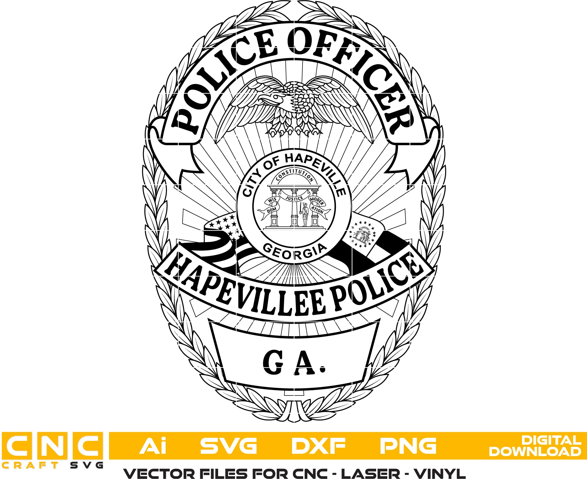 Hapeville Georgia Police Officer Badge SVG

Georgia Law Enforcement Shield Vector

City of Hapeville Seal Engraving File

Eagle and Waving Flags Police Sign CNC File

Police Officer Badge Vector for Lasers