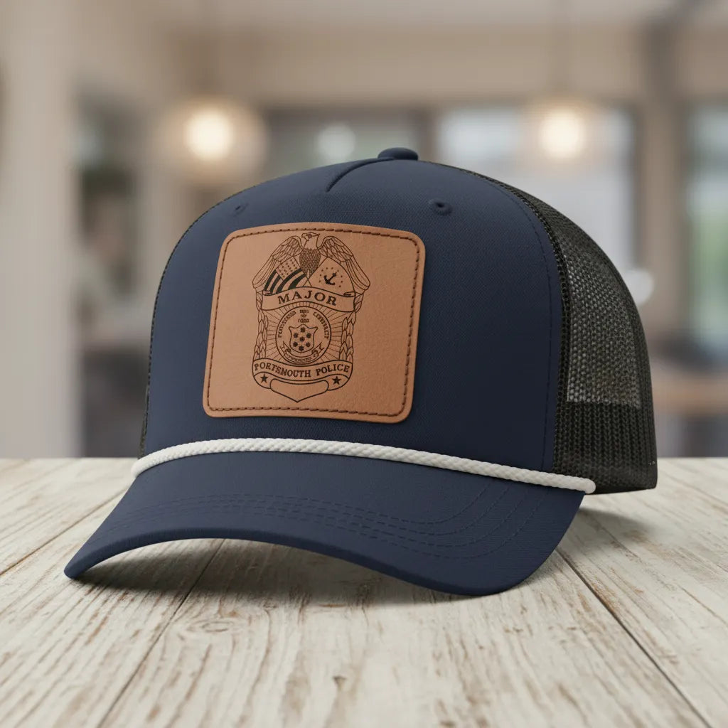 Navy blue cap with a brown leather patch on a wooden surface