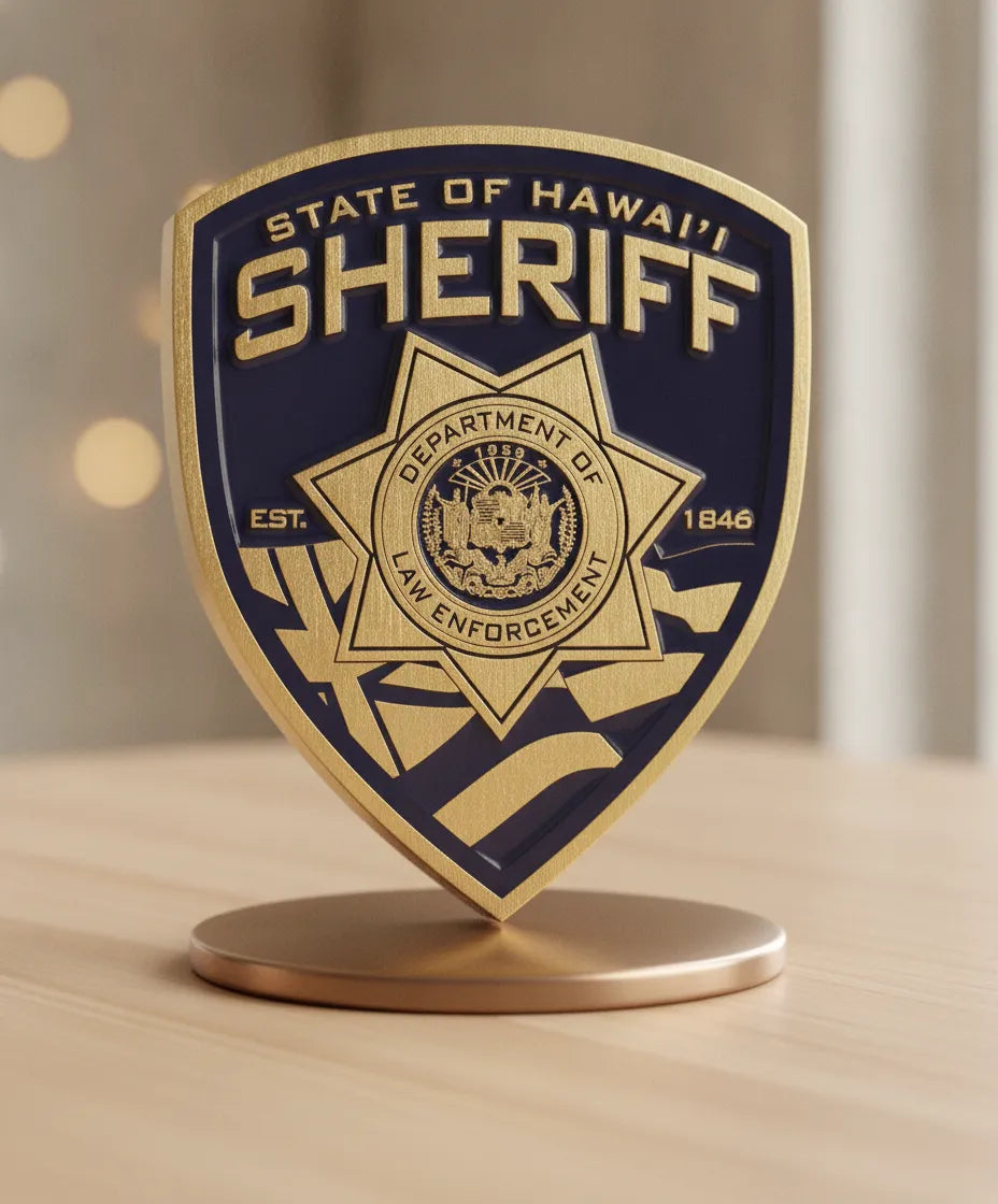 Hawaii State Sheriff Patch SVG

Hawaii Law Enforcement Shield Vector

State of Hawaii Seal Engraving File

Hawaiian Flag Sheriff Sign CNC File

Sheriff Patch Vector for Lasers