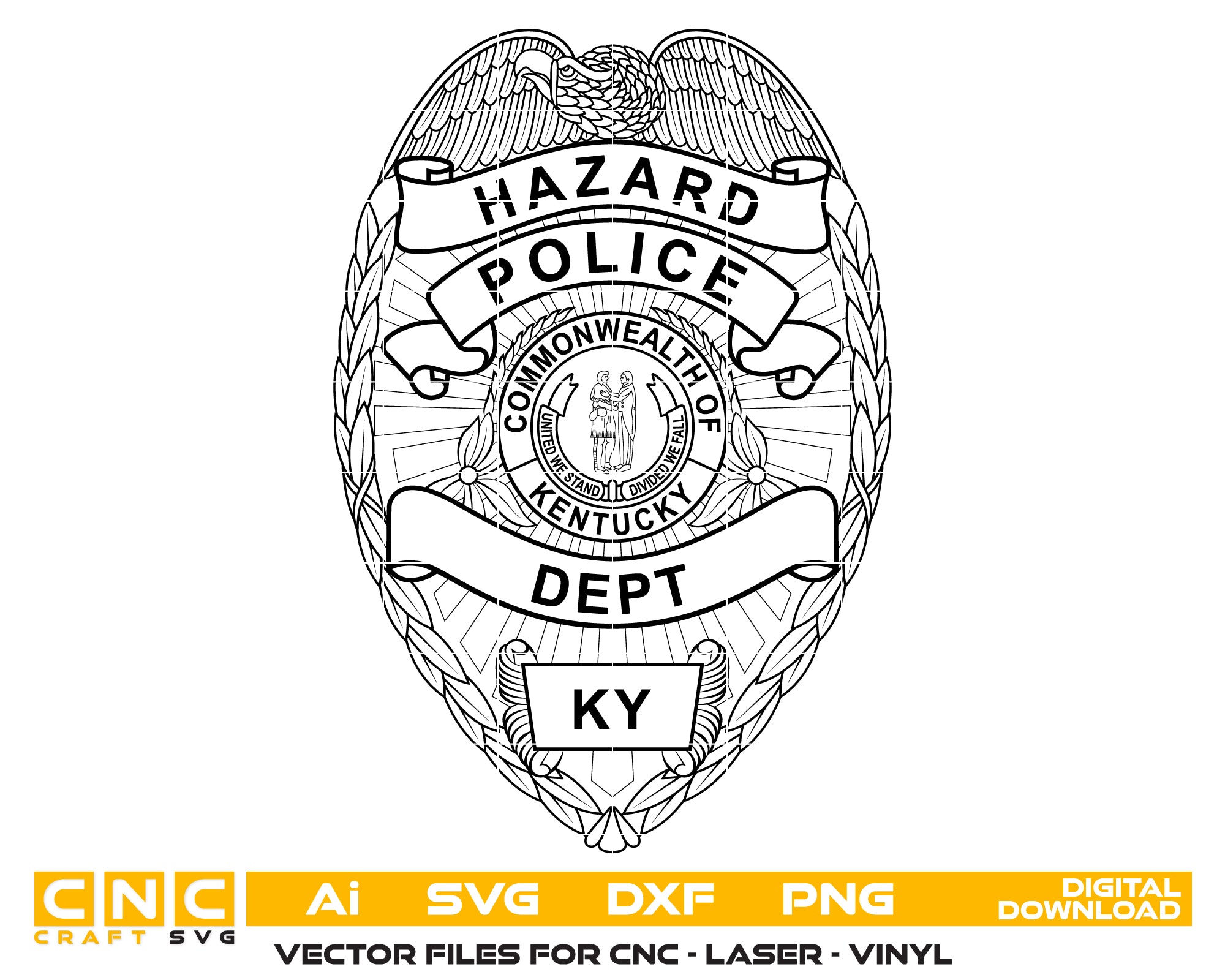 Hazard Police Department Badge SVG

Kentucky Law Enforcement Vector Design

Police Badge Engraving File

Hazard Police Sign CNC File

Sunburst Badge Vector for Laser Cutting