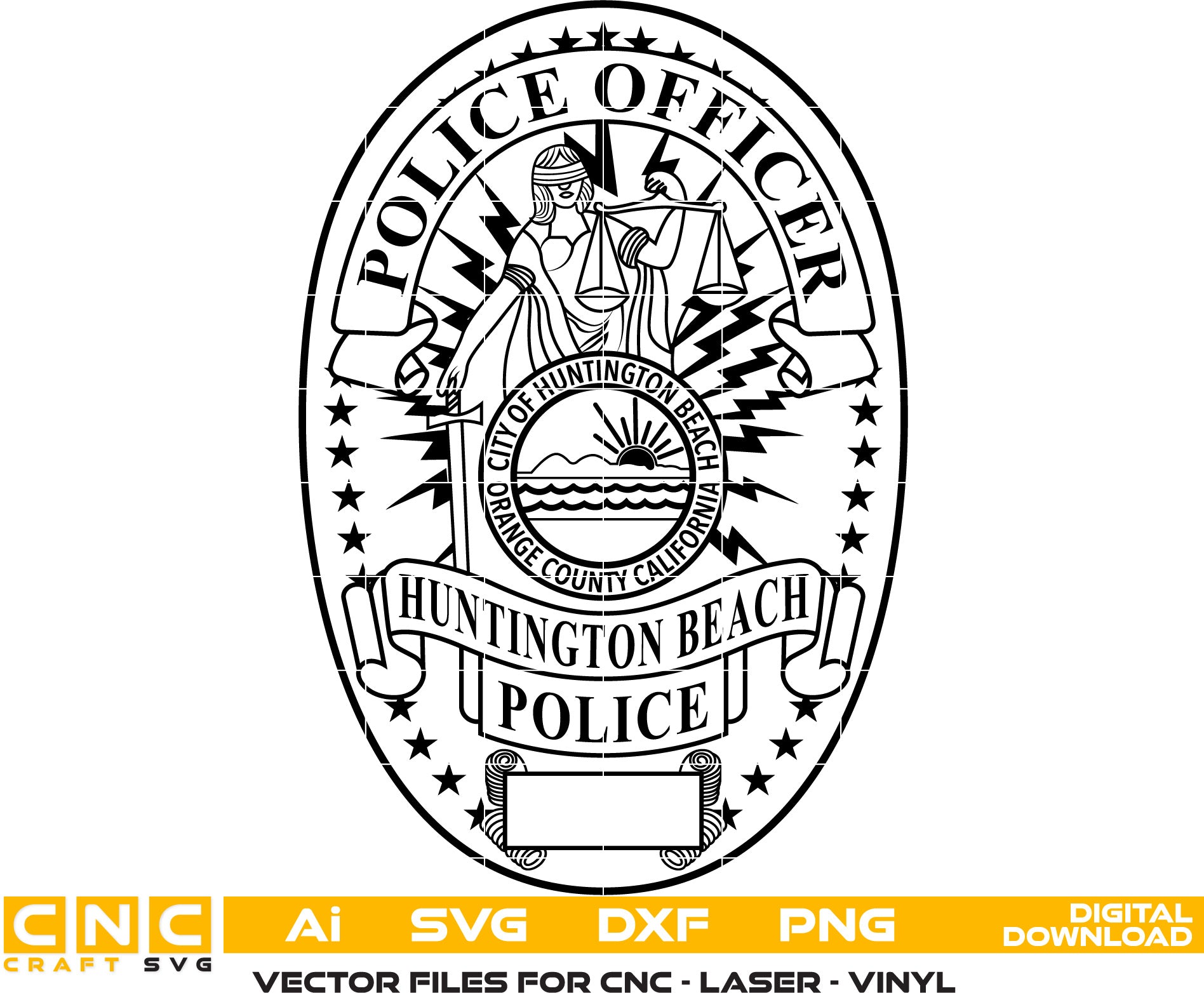 Huntington Beach Police Officer Badge SVG, Huntington Beach Police Badge Vector, Police Officer Badge SVG, Law Enforcement Badge Emblem, Police Shield Vector, Badge Engraving File