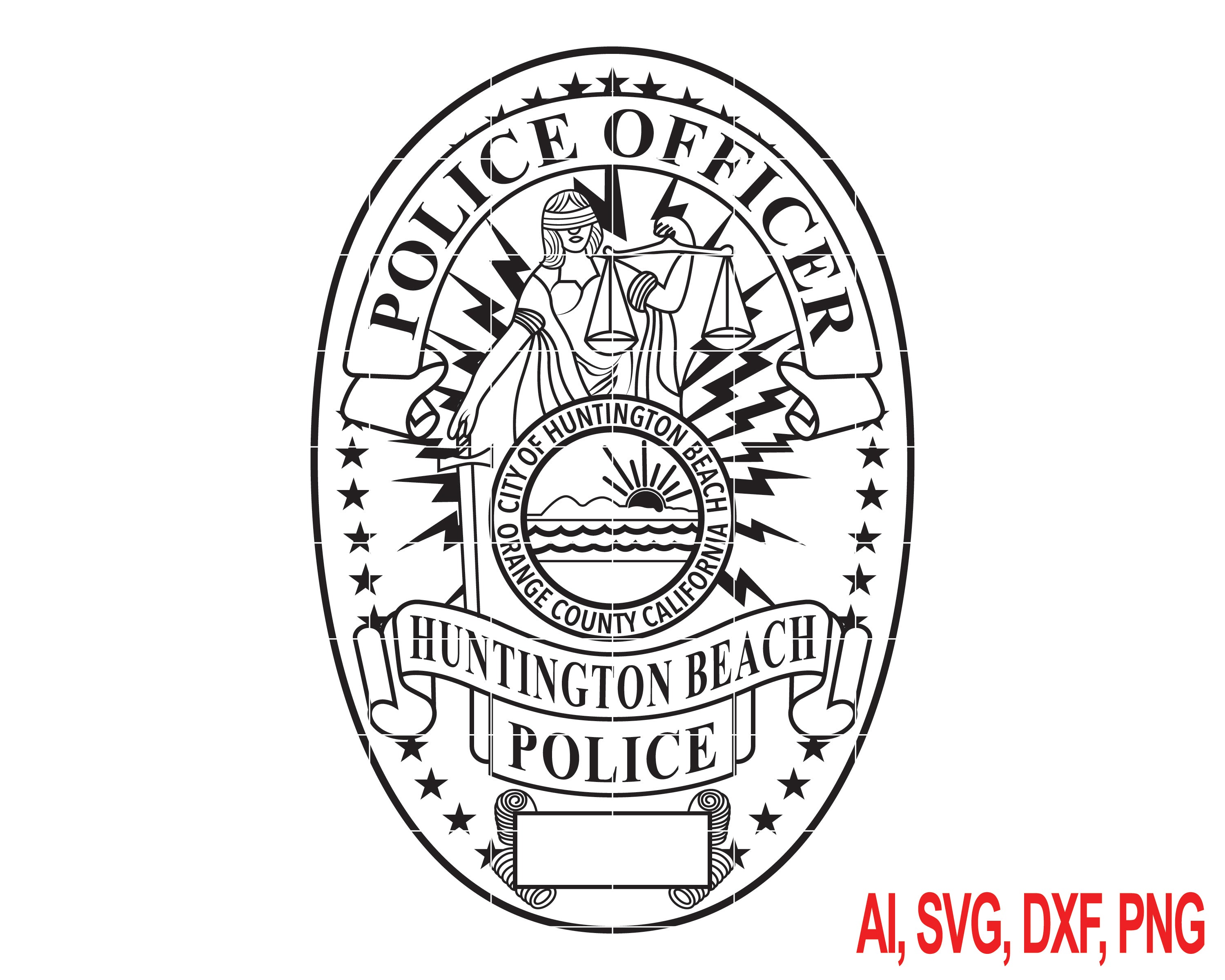Huntington Beach Police Officer Badge SVG, Huntington Beach Police Badge Vector, Police Officer Badge SVG, Law Enforcement Badge Emblem, Police Shield Vector, Badge Engraving File