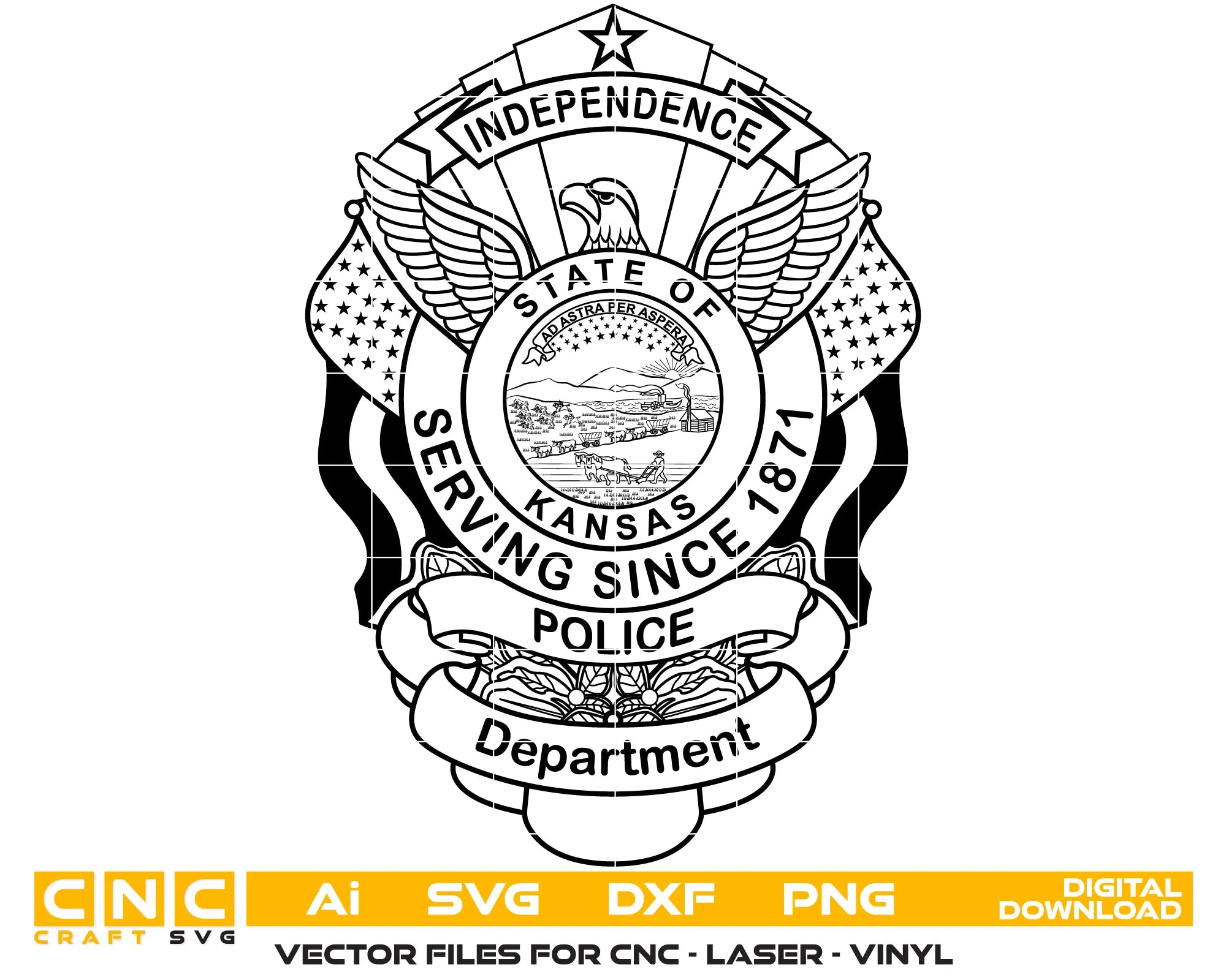 Independence Kansas Police Badge SVG

Kansas Law Enforcement Vector

Police Eagle Badge State Seal

Officer Plaque Engraving File

Independence Police Sign CNC File