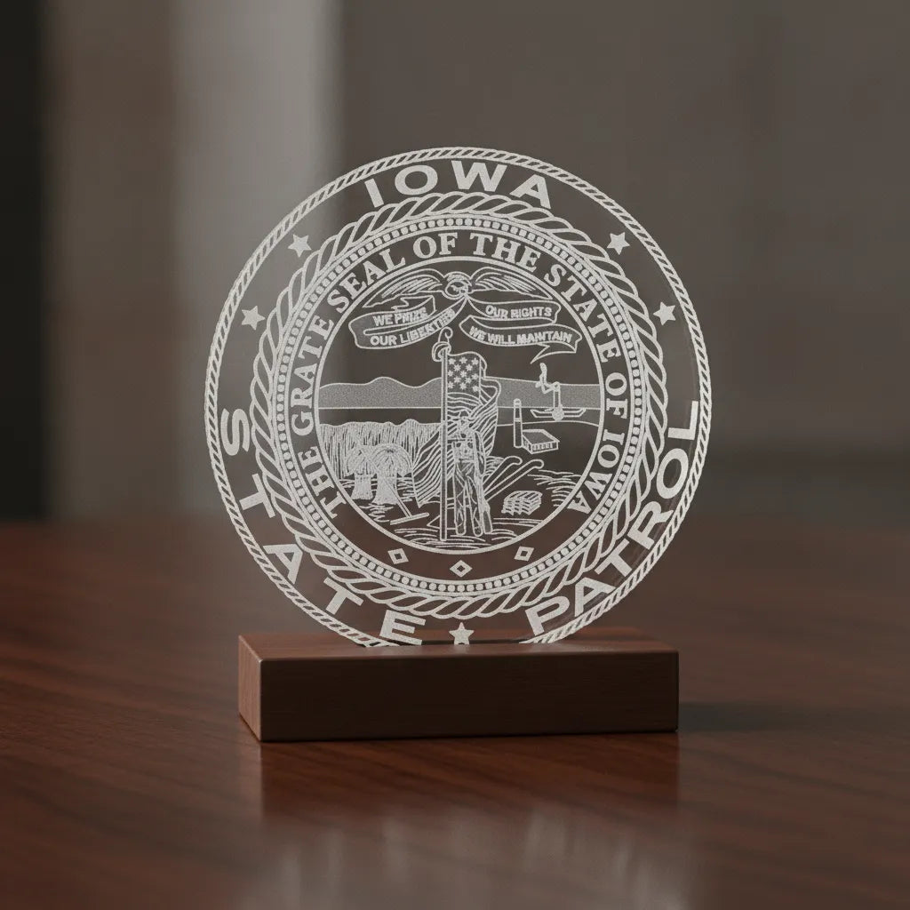 Iowa State Patrol Badge SVG

State of Iowa Trooper Emblem Vector

Great Seal of Iowa Engraving File

Law Enforcement Badge Sign CNC File

Iowa Police Shield Vector for Lasers
