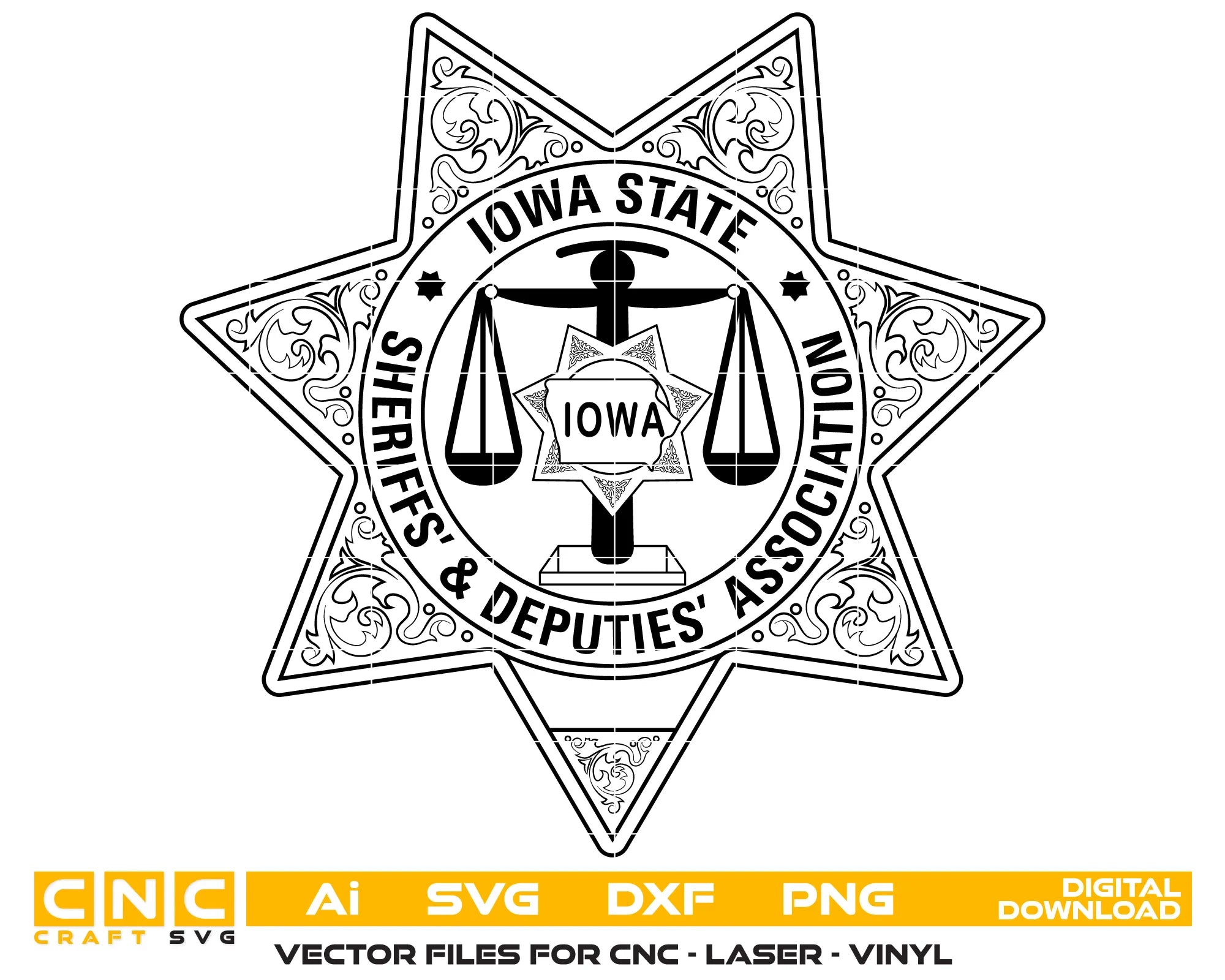 Iowa State Sheriffs Association Badge SVG

Iowa Law Enforcement Vector

7-Point Star Sheriff Emblem

Deputy Plaque Engraving File

Iowa Sheriffs Sign CNC File