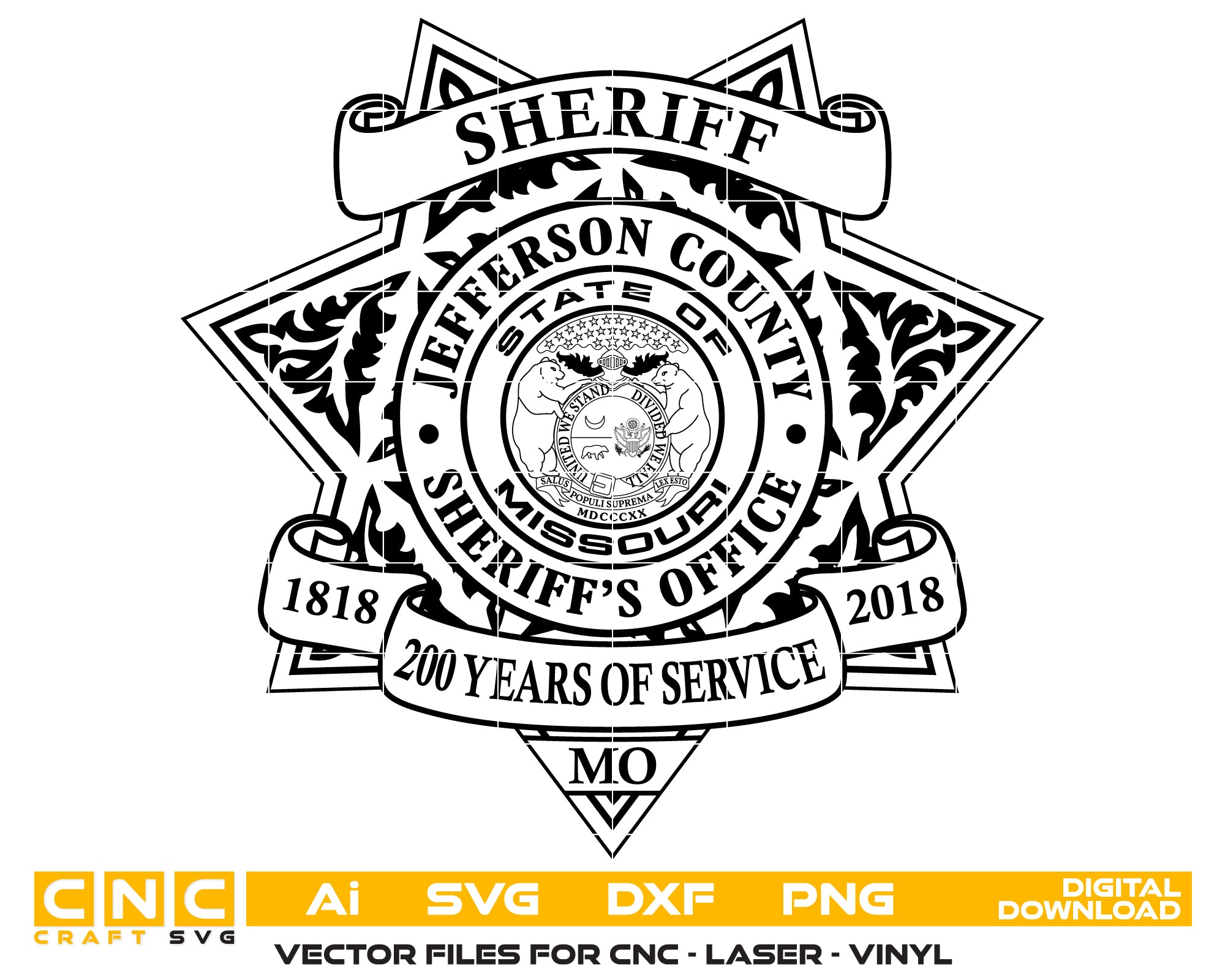 Jefferson County Sheriff Badge SVG

Missouri Law Enforcement Vector Design

200 Years Commemorative Badge Engraving File

Jefferson County MO Sign CNC File

Six Pointed Star Sheriff Badge Vector for Lasers