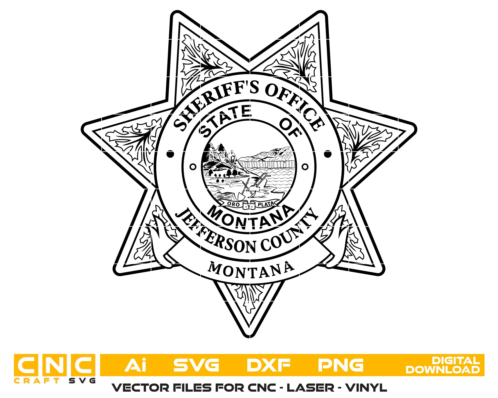 Jefferson County Sheriff Badge SVG

Montana Law Enforcement Vector

Jefferson County Sheriff Emblem

Officer Plaque Engraving File

Sheriff Badge Sign CNC File