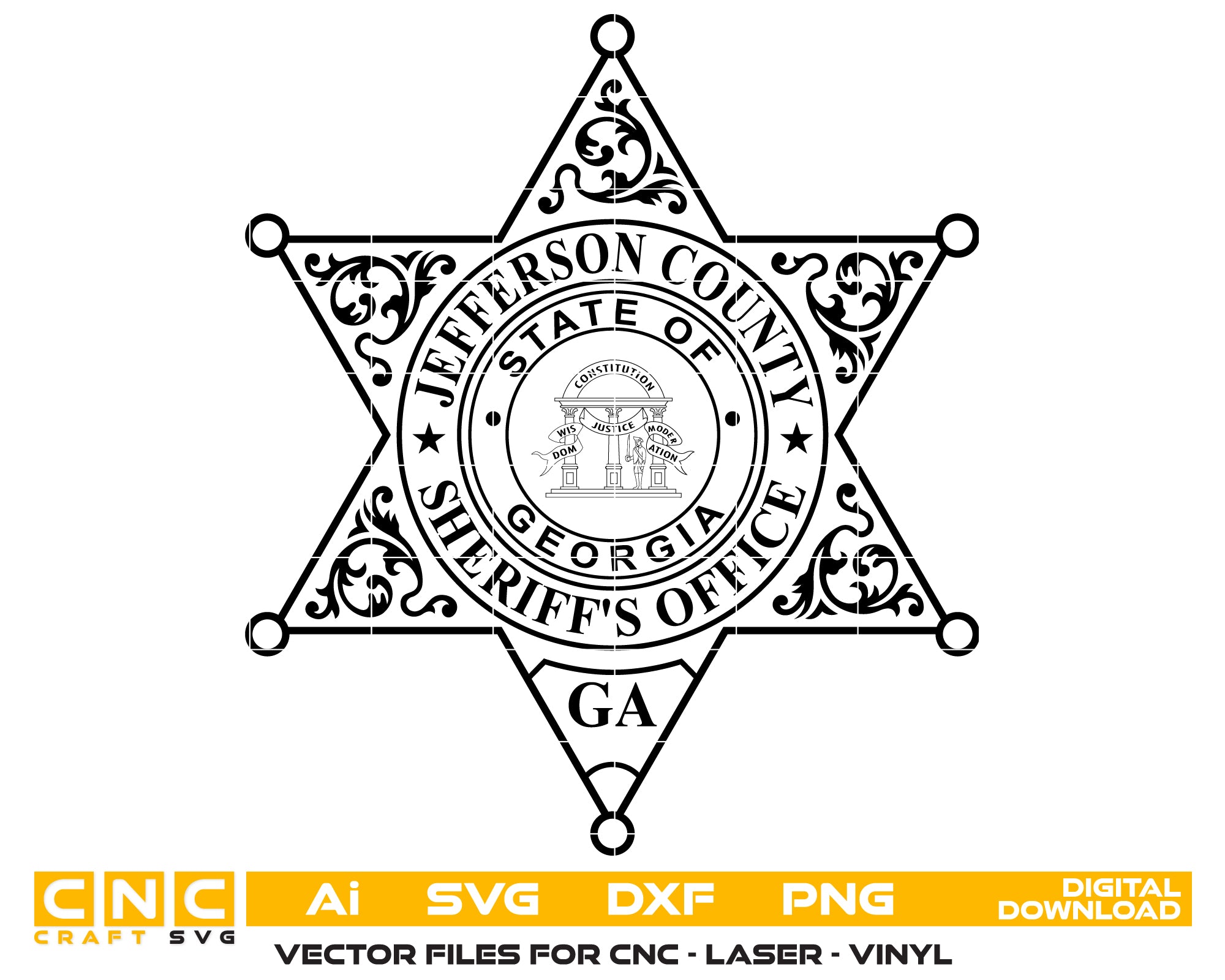 Jefferson County Sheriff Badge SVG

Georgia Law Enforcement Vector

Jefferson County Sheriff Emblem

Officer Plaque Engraving File

Sheriff Badge Sign CNC File