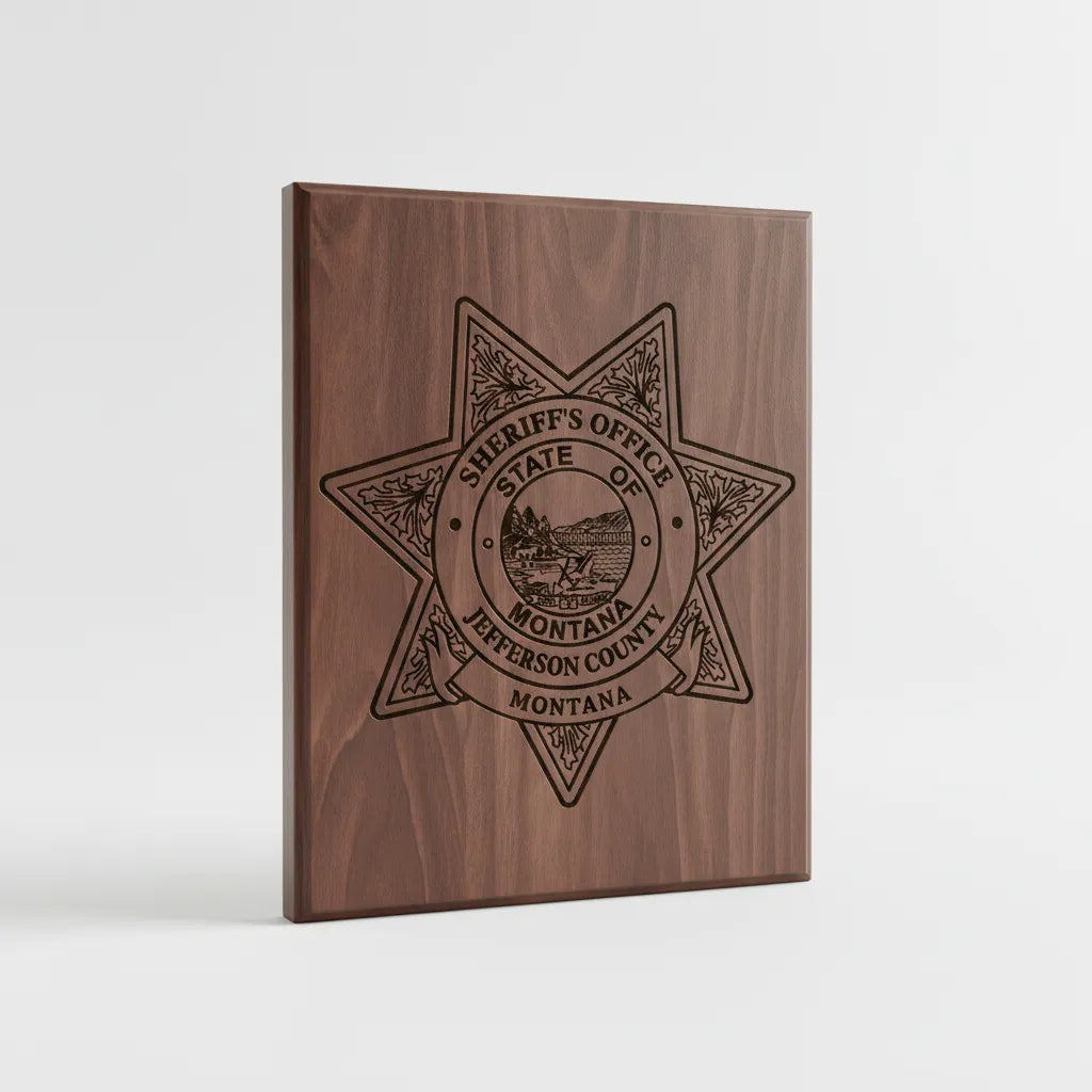 Jefferson County Sheriff Badge SVG

Montana Law Enforcement Vector

Jefferson County Sheriff Emblem

Officer Plaque Engraving File

Sheriff Badge Sign CNC File