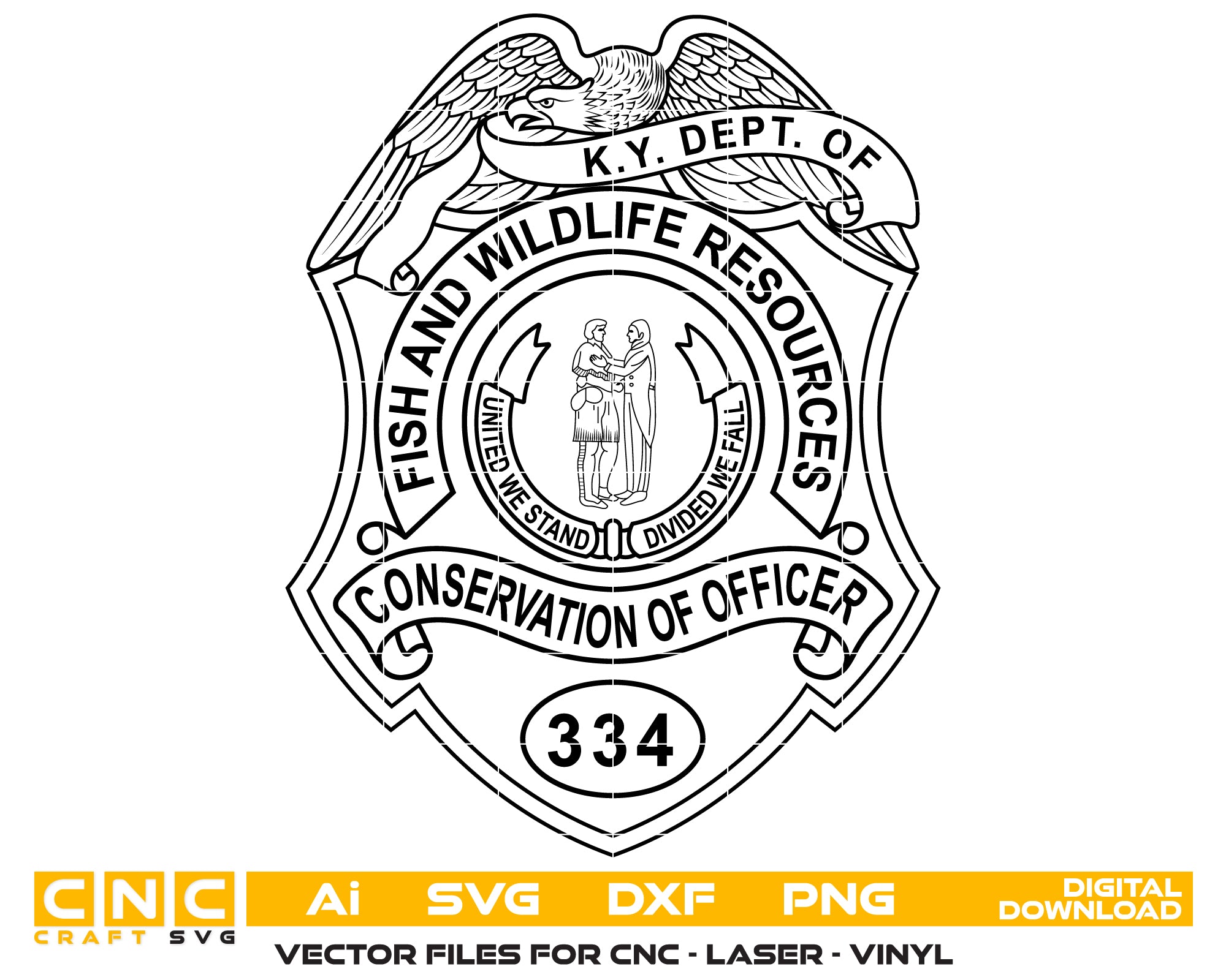 Kentucky Fish and Wildlife Badge SVG

KY Conservation Officer Vector Design

Eagle Shield Badge Engraving File

Kentucky Game Warden Sign CNC File

Commonwealth of Kentucky Seal Vector for Lasers