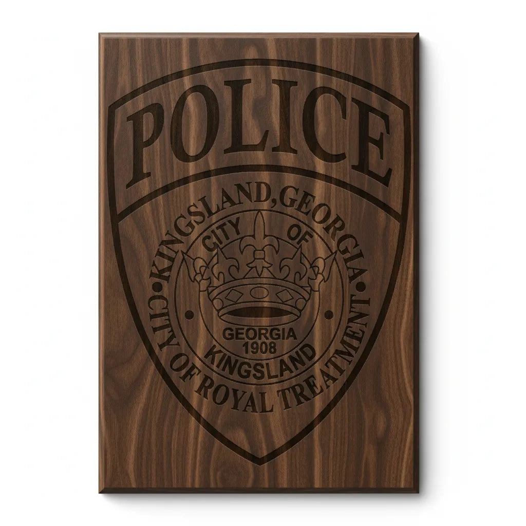 Kingsland GA Police Department Patch SVG

Georgia Law Enforcement Shield Vector

Royal Crown Police Seal Engraving File

Kingsland Police Patch Sign CNC File

City of Royal Treatment Vector for Lasers