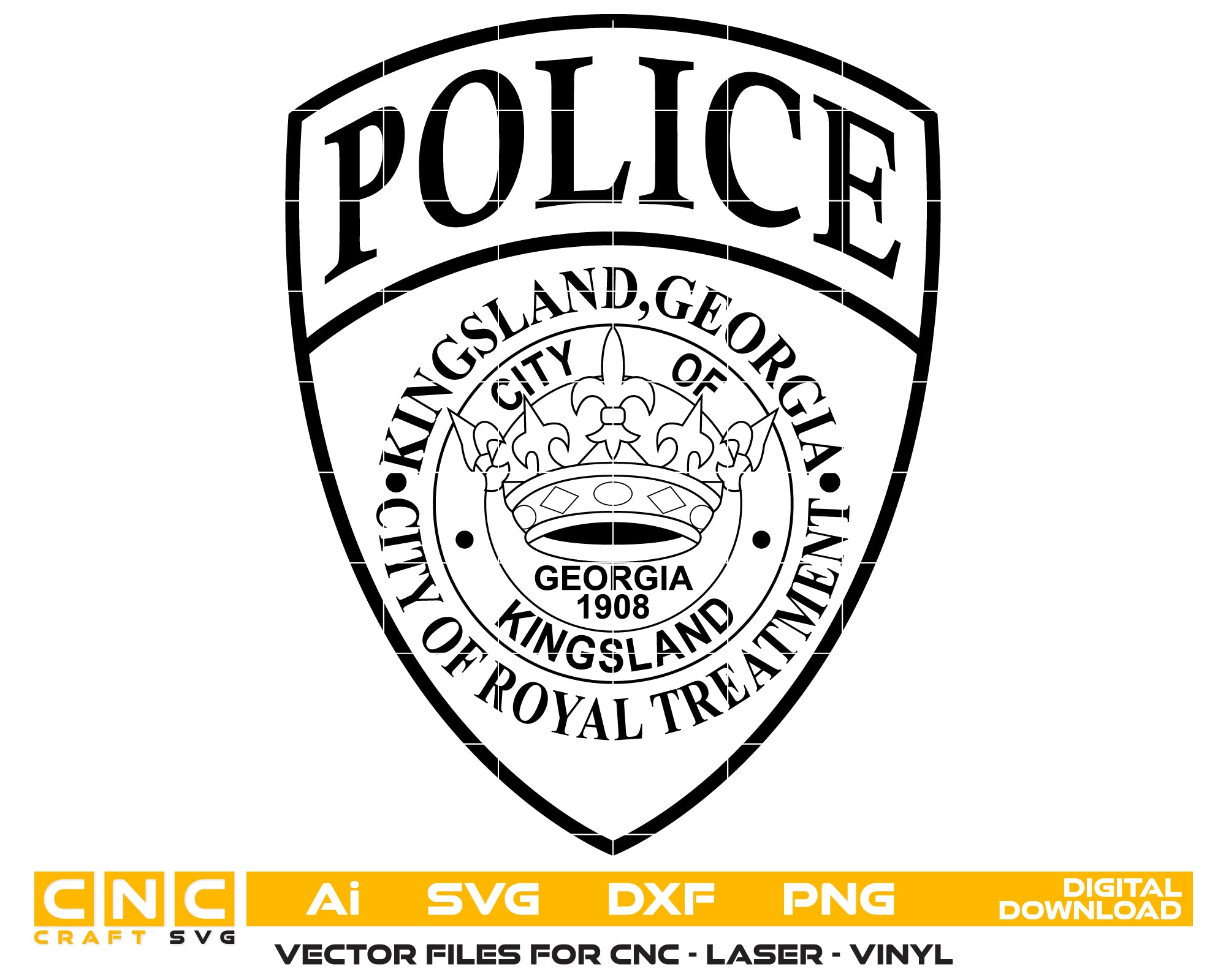 Kingsland GA Police Department Patch SVG

Georgia Law Enforcement Shield Vector

Royal Crown Police Seal Engraving File

Kingsland Police Patch Sign CNC File

City of Royal Treatment Vector for Lasers