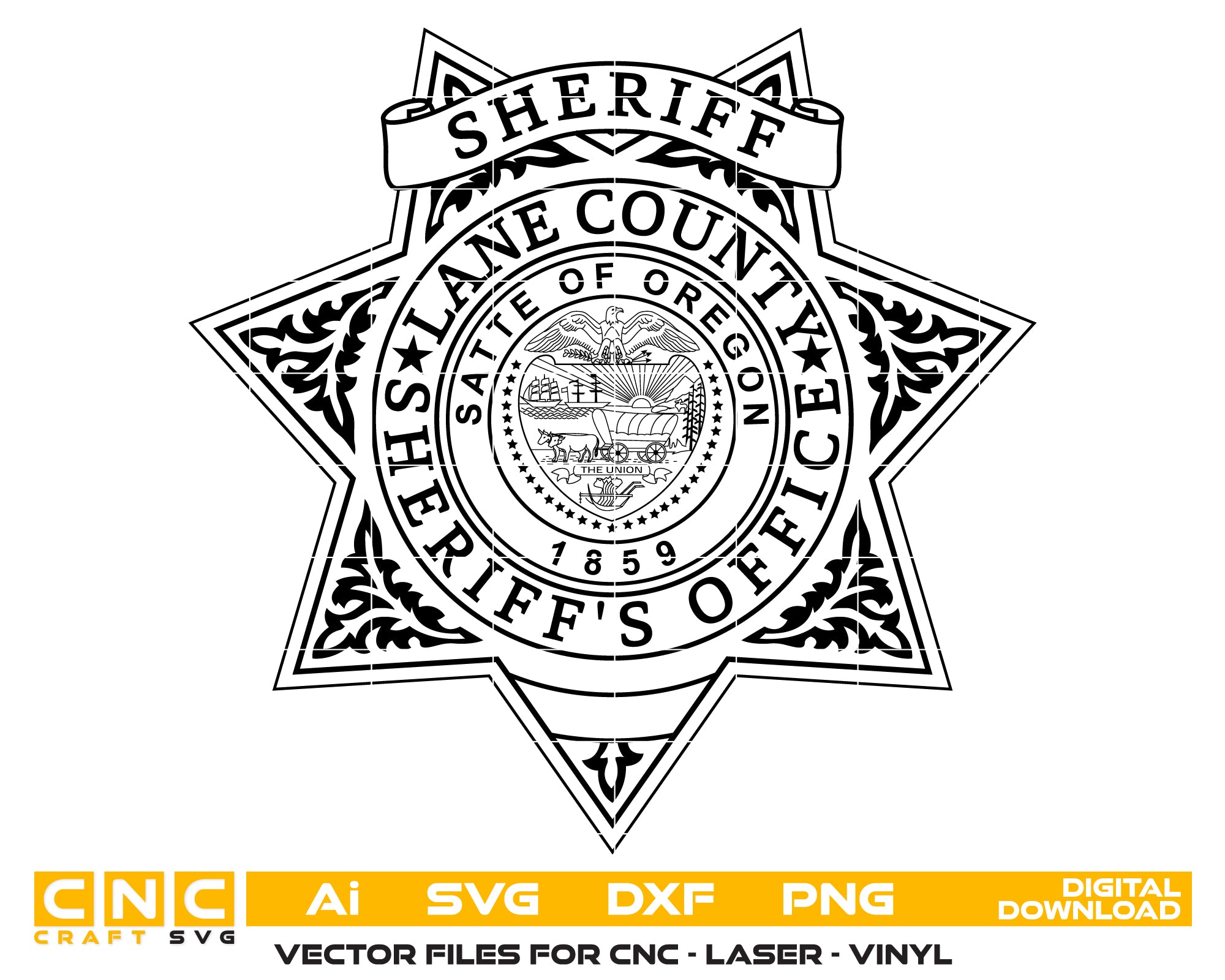 Lane County Sheriff Badge SVG

Oregon Law Enforcement Vector

Lane County Sheriff Emblem

Officer Plaque Engraving File

Sheriff Badge Sign CNC File