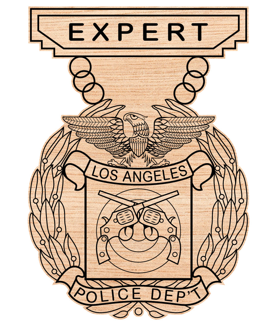 Los Angeles Police Department Expert Badge SVG

LAPD Marksmanship Medal Vector

Police Expert Shooting Badge Design

LAPD Uniform Insignia for Engraving

Law Enforcement Shooting Award CNC File