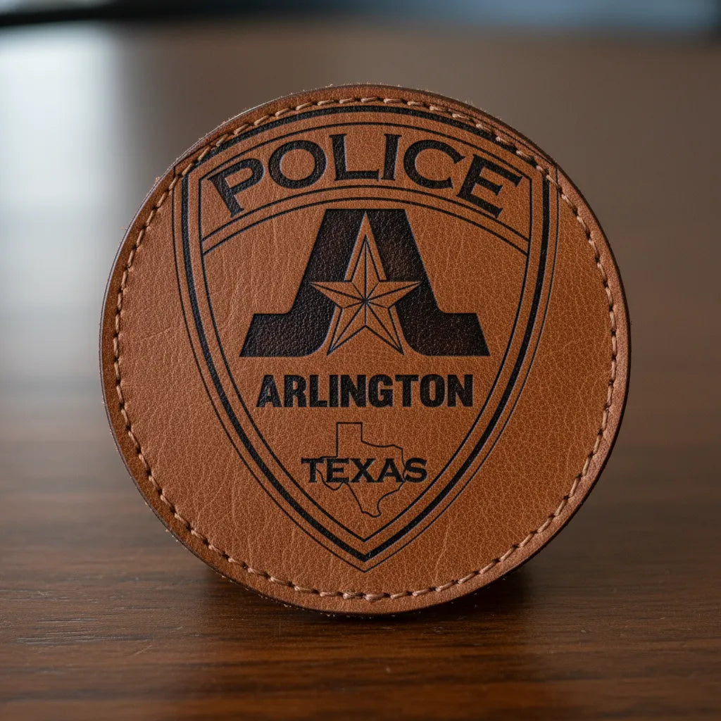 High-detail vector line art of the "Texas Arlington Police Badge.jpg" featuring a shield badge with a large stylized letter A, a lone star, and the Texas state map.