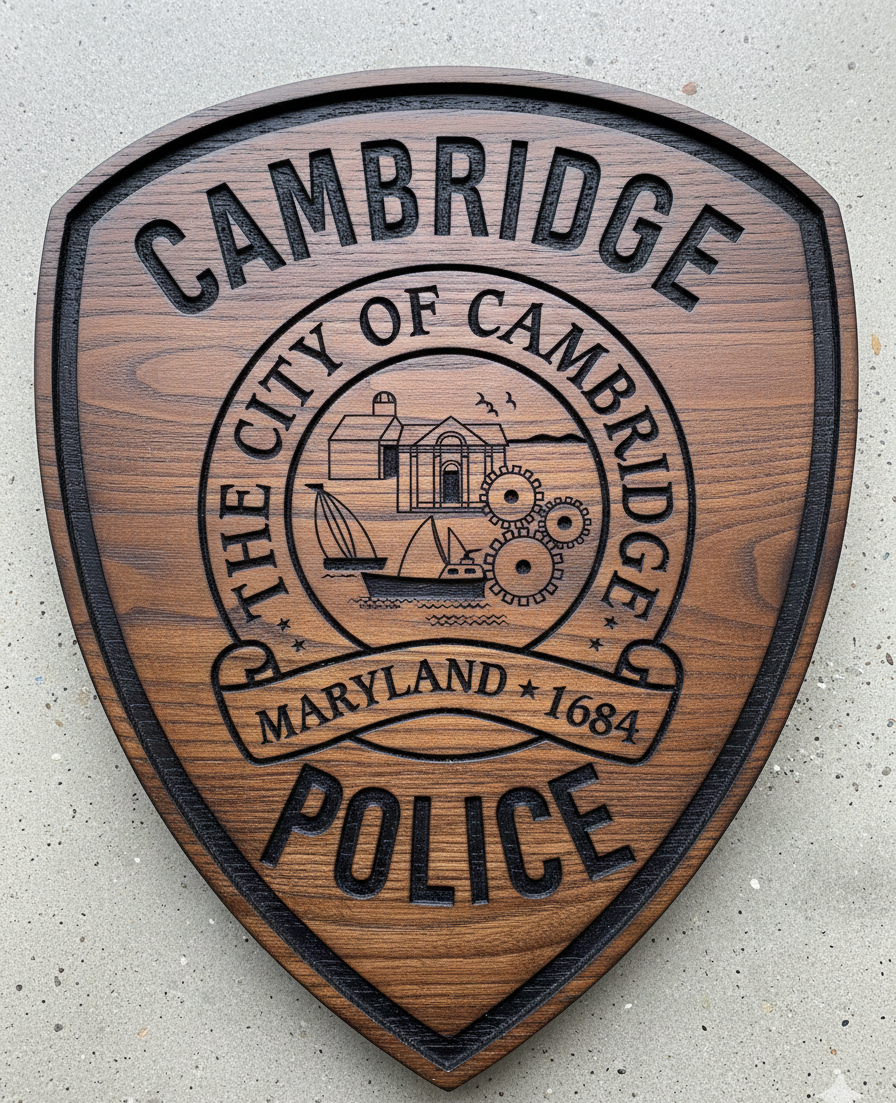 Cambridge Police Department Patch SVG

Maryland City Police Badge Vector

City of Cambridge MD Seal Design

Law Enforcement Patch for Engraving

Cambridge Police Emblem CNC File