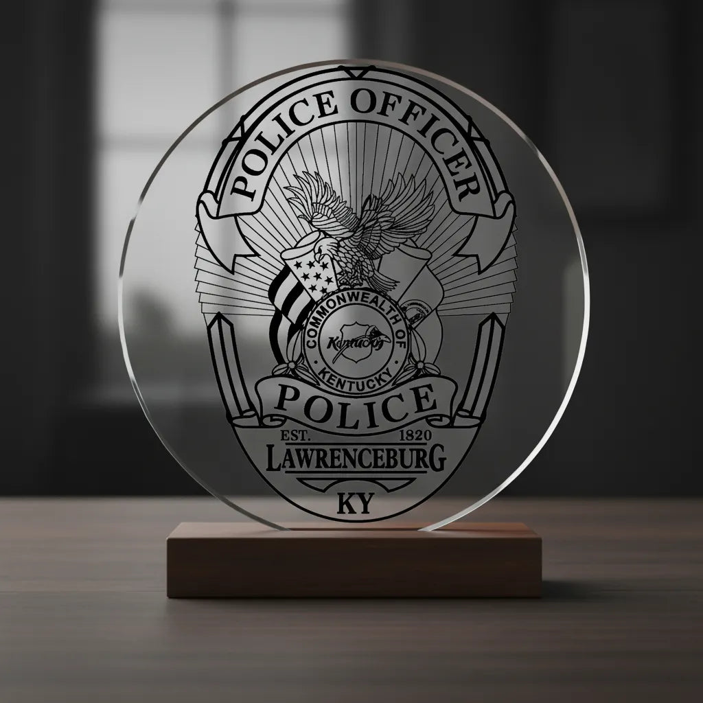 Lawrenceburg Police Officer Badge SVG

Kentucky Law Enforcement Vector Design

Eagle and Flags Police Badge Engraving File

Lawrenceburg KY Police Sign CNC File

Commonwealth of Kentucky Seal Vector for Laser Cutting