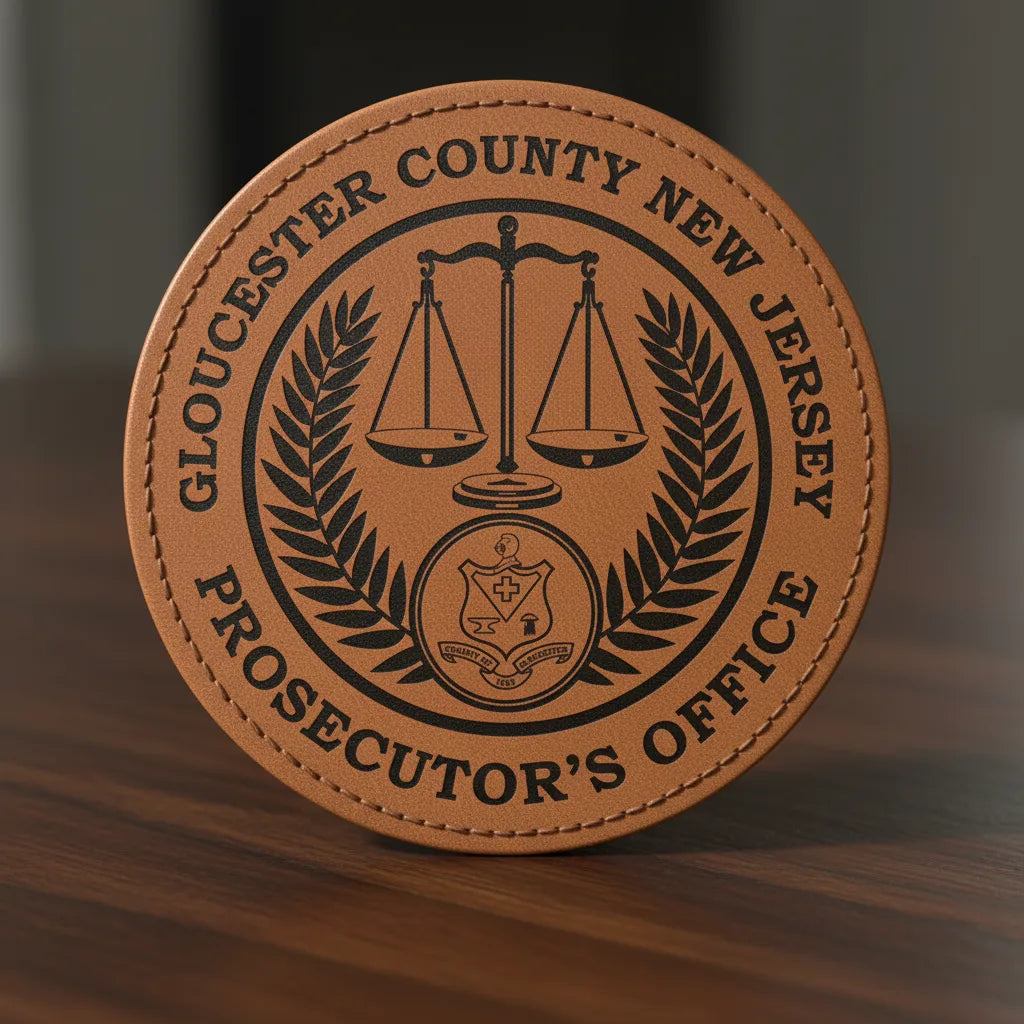 Round leather embossed badge of Gloucester County New Jersey Prosecutor's Office on a wooden surface.