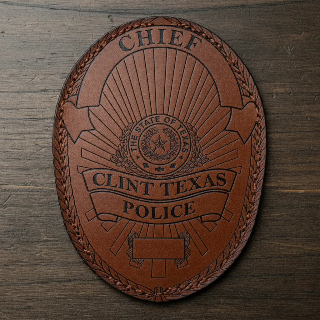 Clint Texas Police Chief Badge SVG

Texas Law Enforcement Vector Design

Police Chief Badge Engraving File

Clint Police Sign CNC File

Oval Sunburst Badge Vector for Laser Cutting